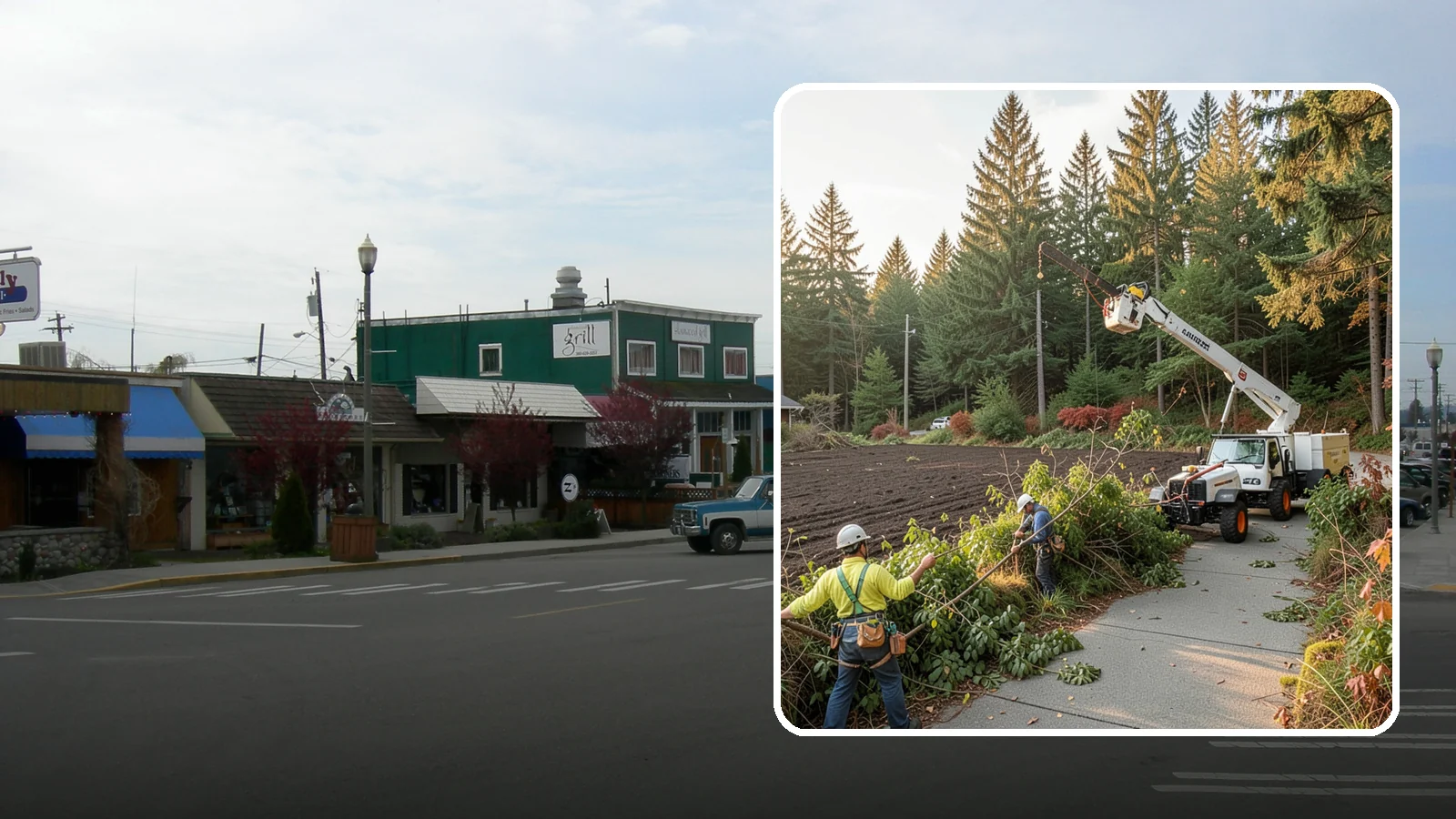 Sidewalk clearance pruning in Stanwood, Snohomish County, WA - Pruning to provide clearance over walkways.