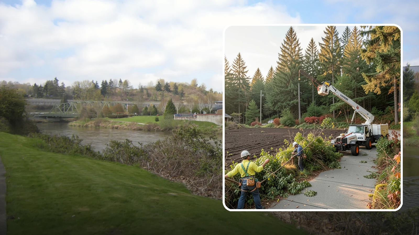 Sidewalk clearance pruning in Tukwila, King County, WA - Pruning to provide clearance over walkways.