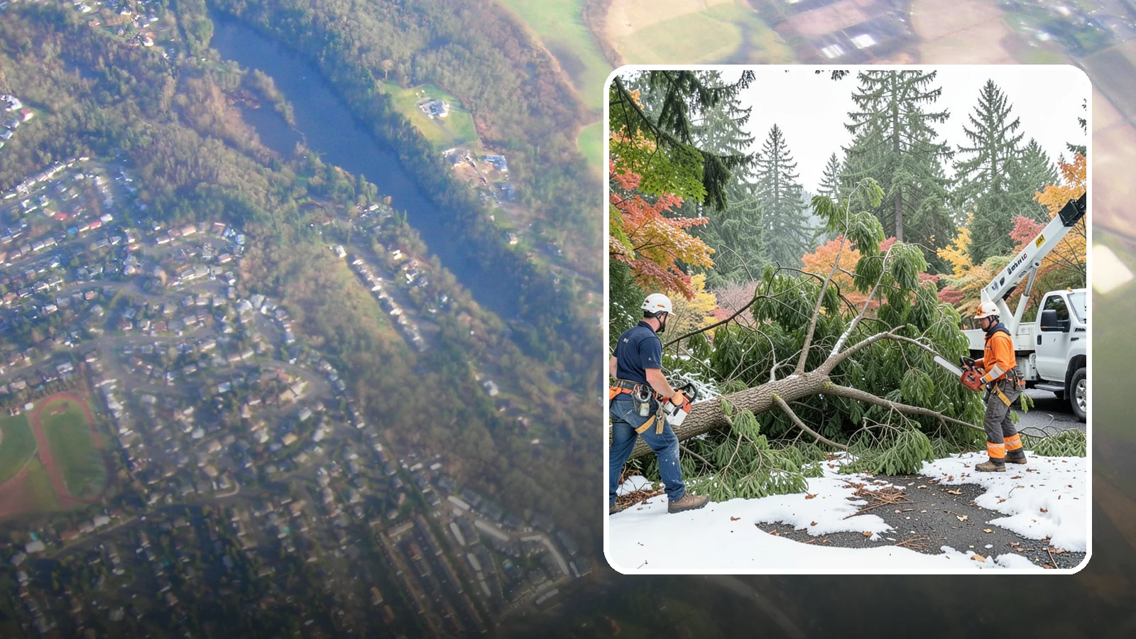 Snow and ice damage cleanup in Algona, King County, WA - The cleanup of trees damaged by snow and ice loading.