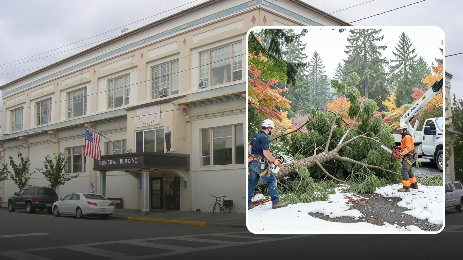 Snow and ice damage cleanup in Anacortes, Skagit County, WA - The cleanup of trees damaged by snow and ice loading.