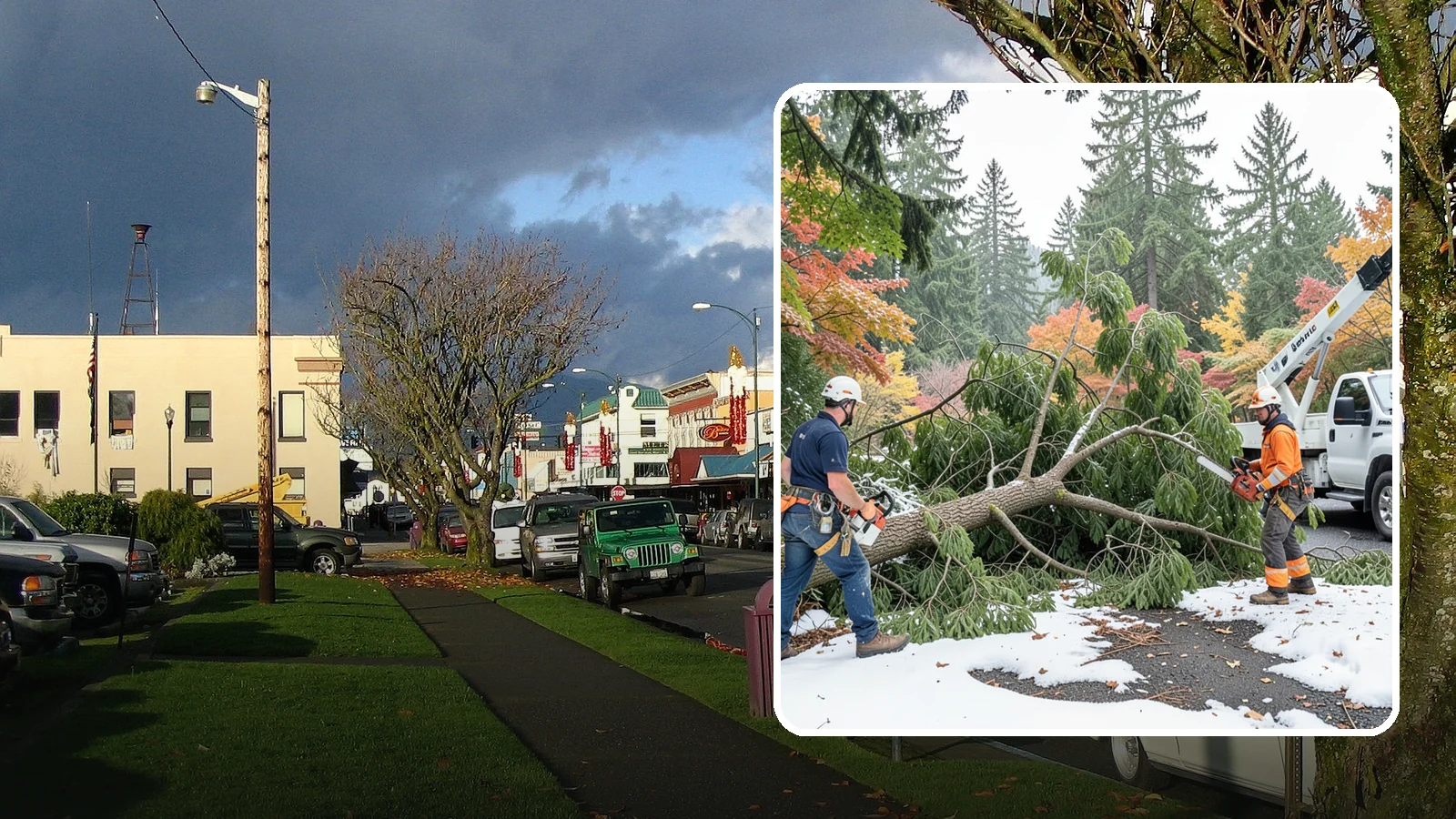Snow and ice damage cleanup in Arlington, Snohomish County, WA - The cleanup of trees damaged by snow and ice loading.