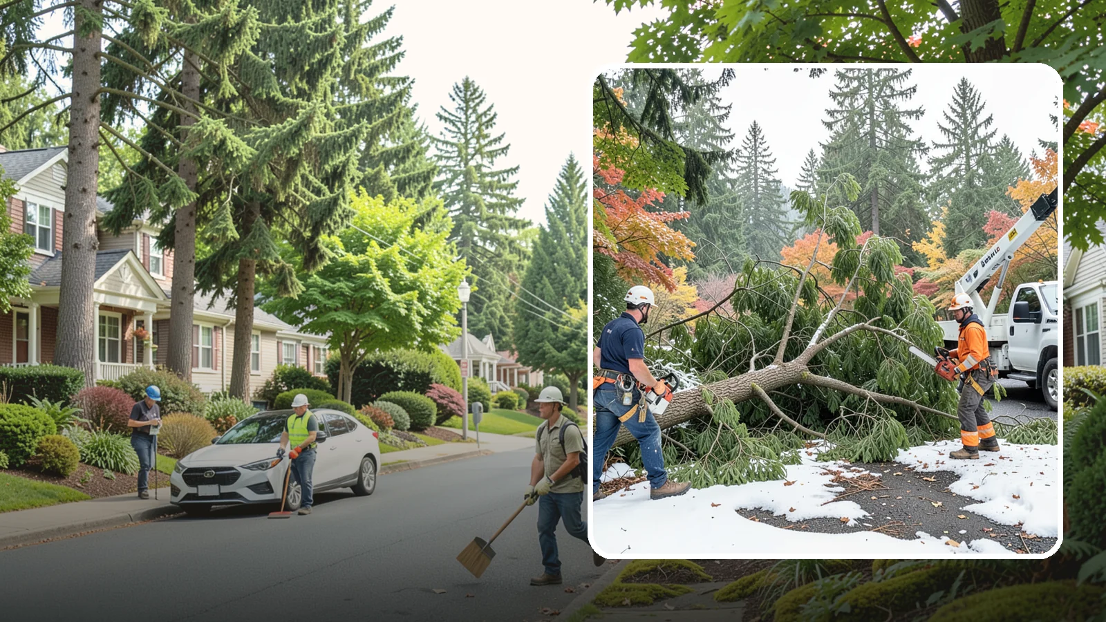 Snow and ice damage cleanup in Beaux Arts Village, King County, WA - The cleanup of trees damaged by snow and ice loading.