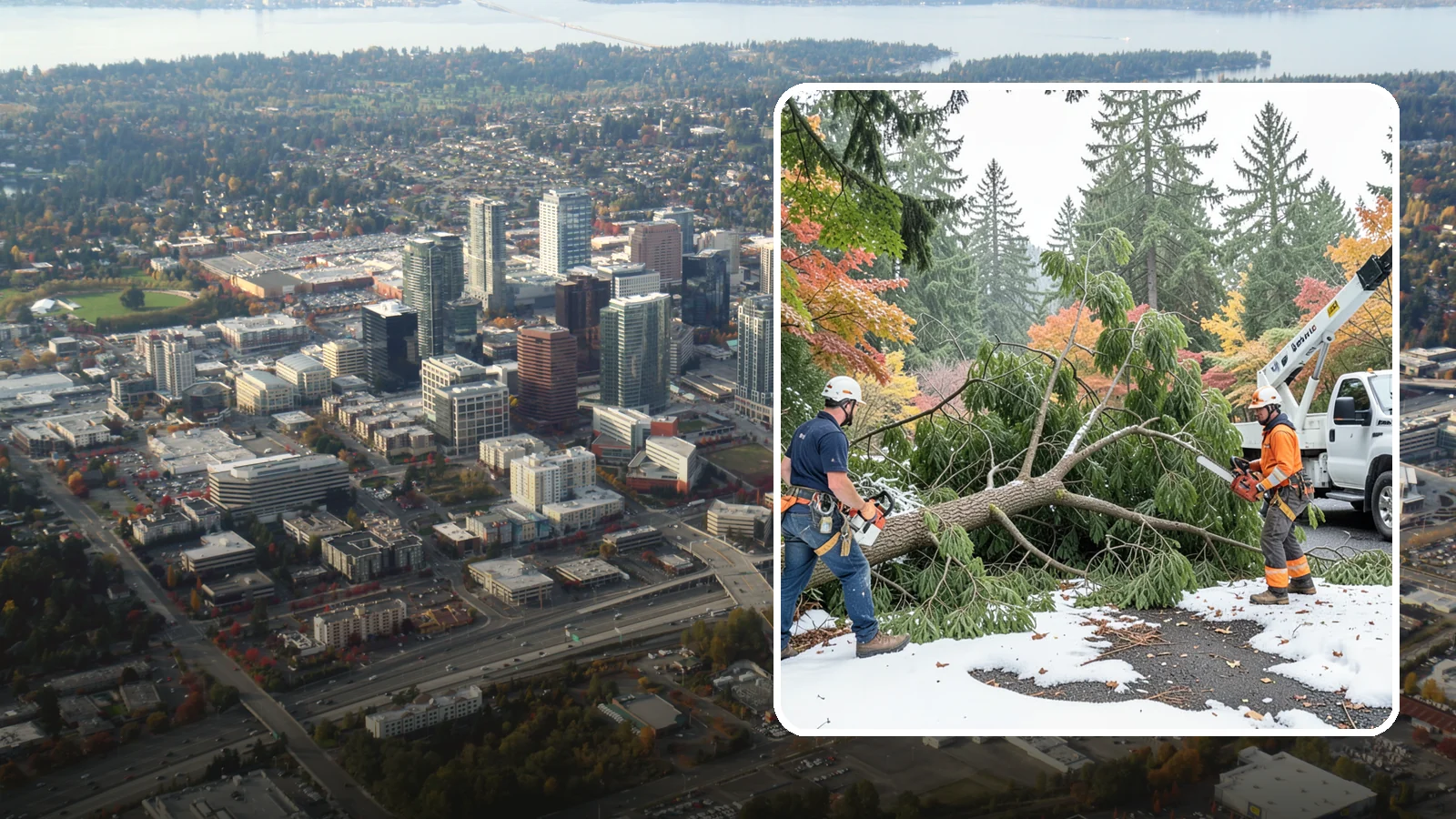Snow and ice damage cleanup in Bellevue, King County, WA - The cleanup of trees damaged by snow and ice loading.