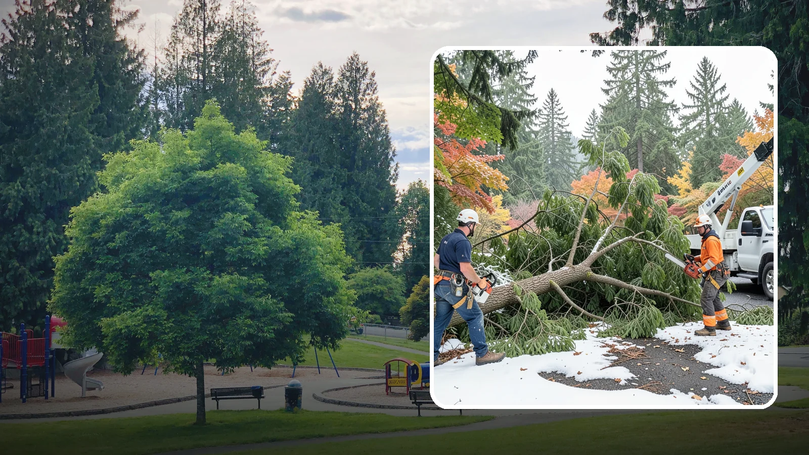 Snow and ice damage cleanup in Bonney Lake, Pierce County, WA - The cleanup of trees damaged by snow and ice loading.