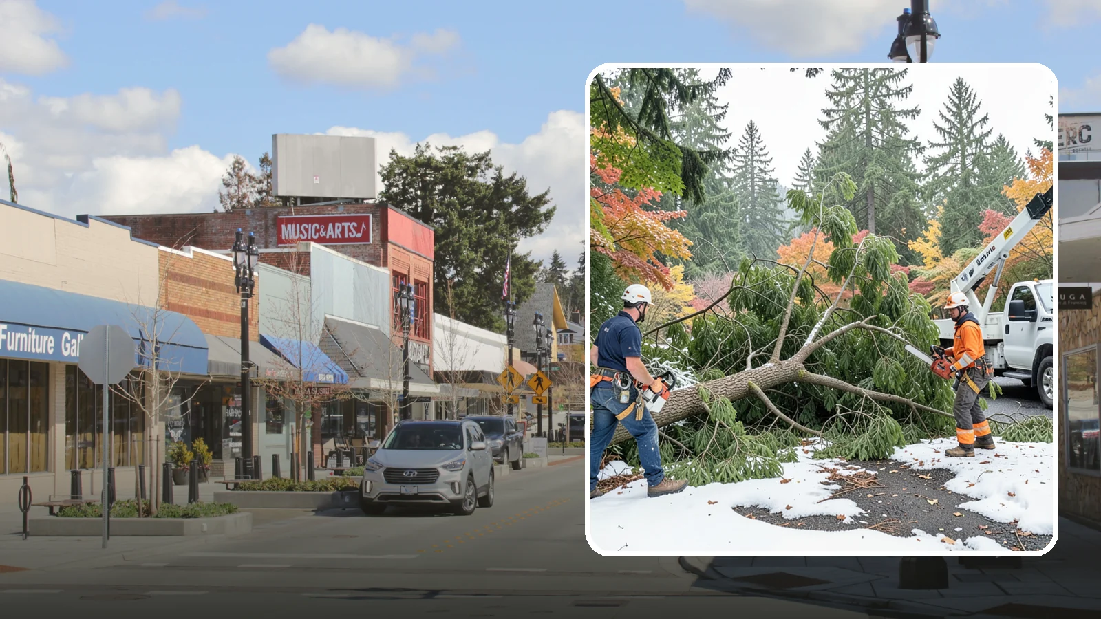 Snow and ice damage cleanup in Bothell, King County, WA - The cleanup of trees damaged by snow and ice loading.
