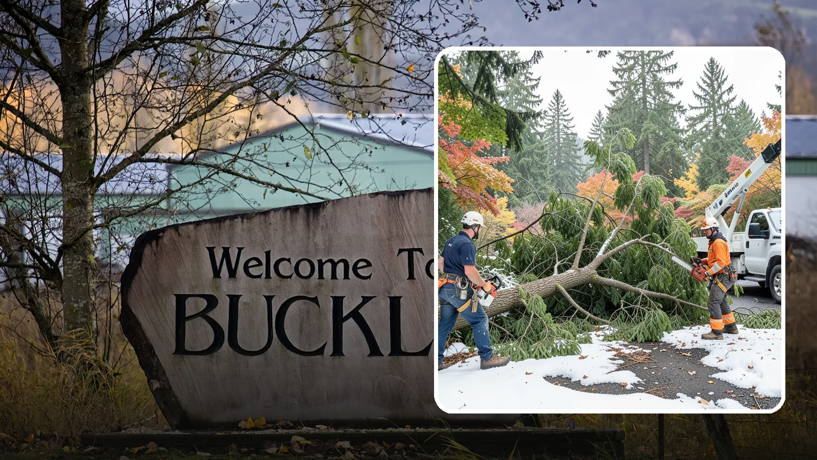Snow and ice damage cleanup in Buckley, Pierce County, WA - The cleanup of trees damaged by snow and ice loading.