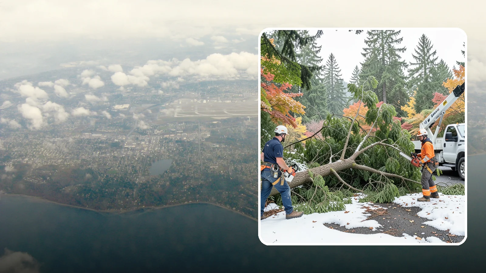 Snow and ice damage cleanup in Burien, King County, WA - The cleanup of trees damaged by snow and ice loading.