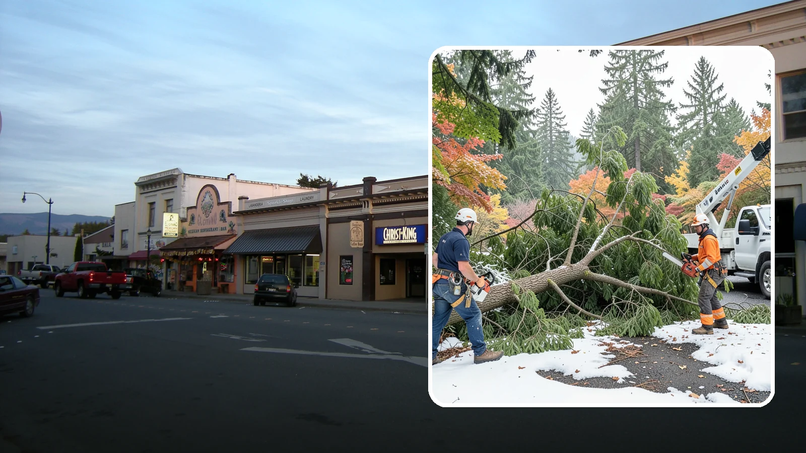 Snow and ice damage cleanup in Burlington, Skagit County, WA - The cleanup of trees damaged by snow and ice loading.
