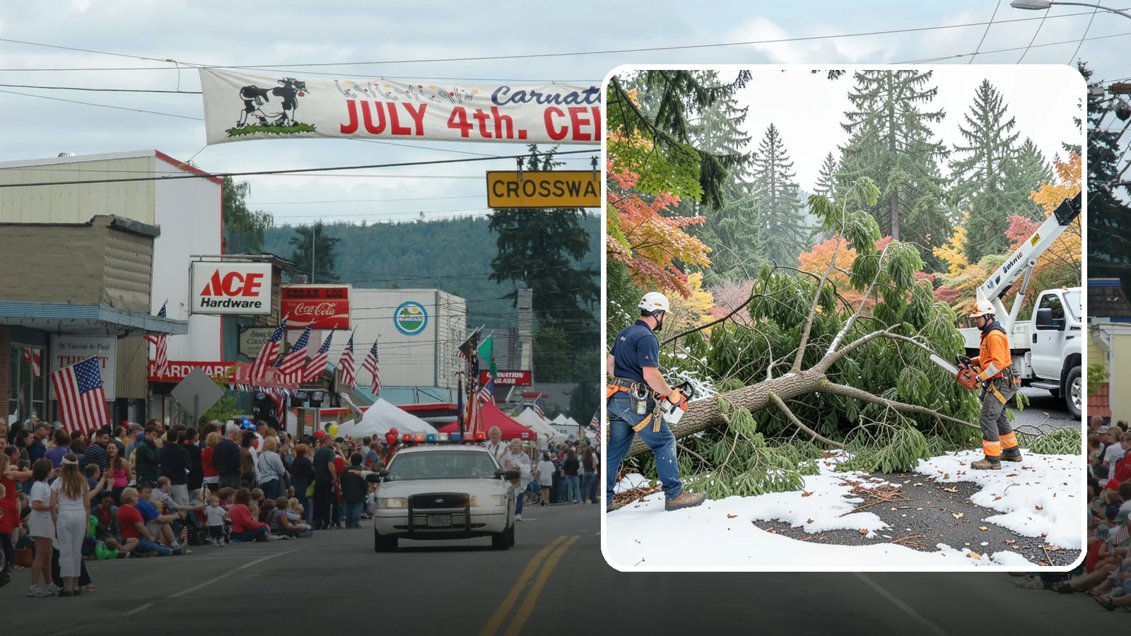 Snow and ice damage cleanup in Carnation, King County, WA - The cleanup of trees damaged by snow and ice loading.