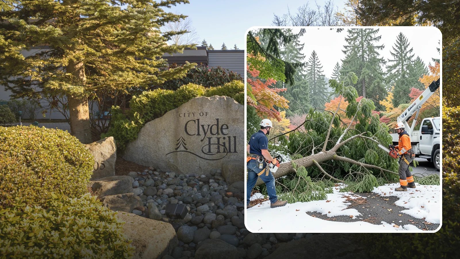 Snow and ice damage cleanup in Clyde Hill, King County, WA - The cleanup of trees damaged by snow and ice loading.