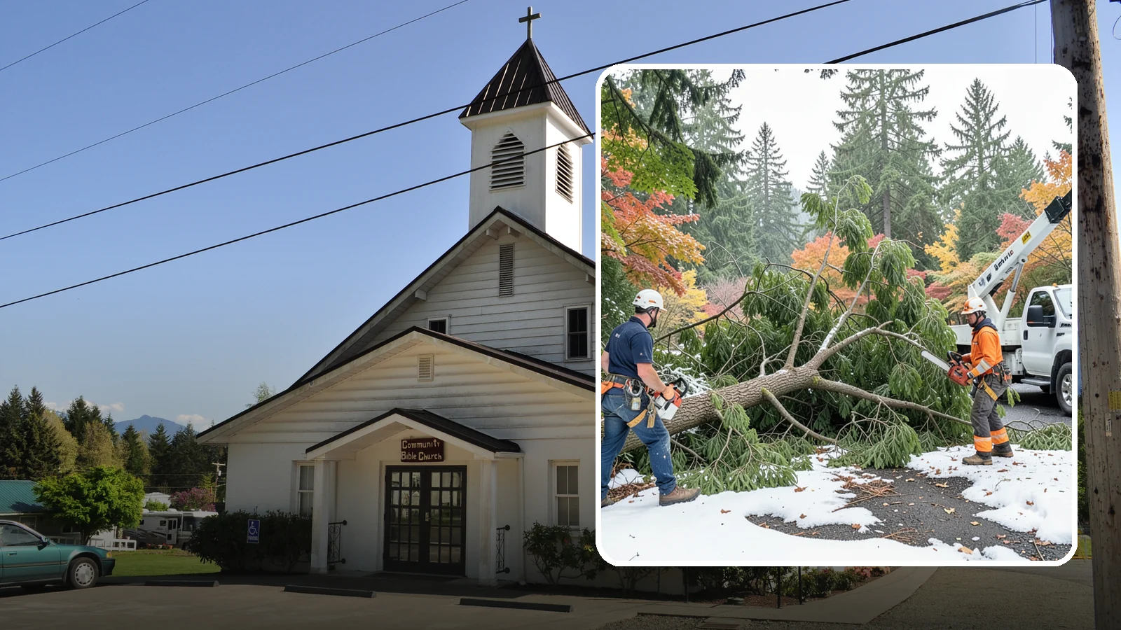 Snow and ice damage cleanup in Concrete, Skagit County, WA - The cleanup of trees damaged by snow and ice loading.