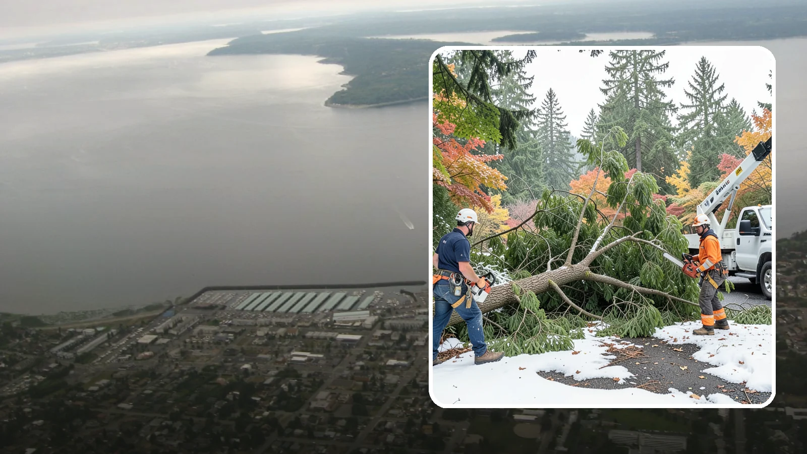 Snow and ice damage cleanup in Des Moines, King County, WA - The cleanup of trees damaged by snow and ice loading.