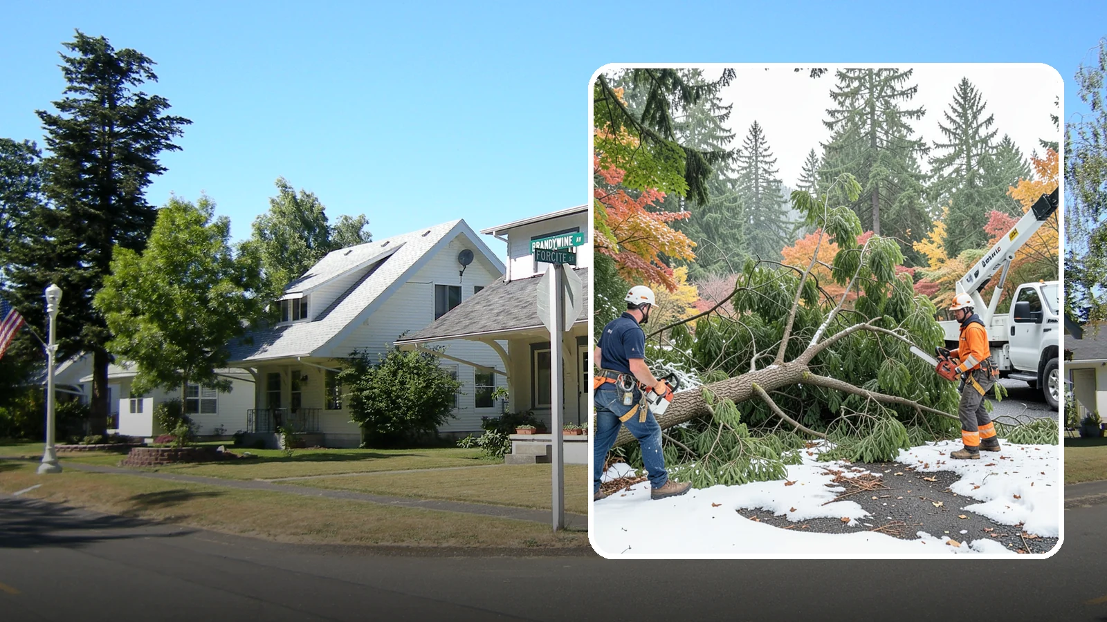 Snow and ice damage cleanup in DuPont, Pierce County, WA - The cleanup of trees damaged by snow and ice loading.