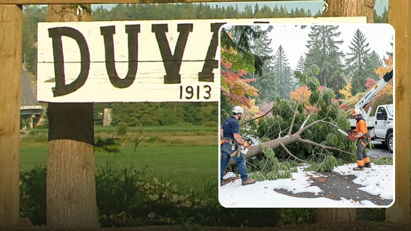 Snow and ice damage cleanup in Duvall, King County, WA - The cleanup of trees damaged by snow and ice loading.