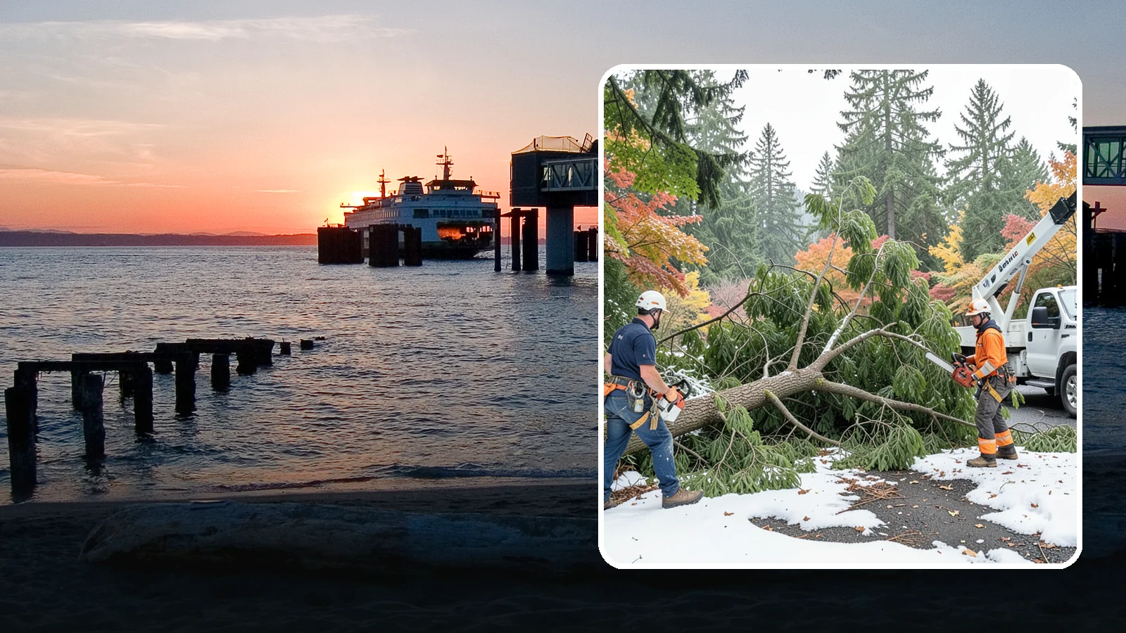 Snow and ice damage cleanup in Edmonds, Snohomish County, WA - The cleanup of trees damaged by snow and ice loading.
