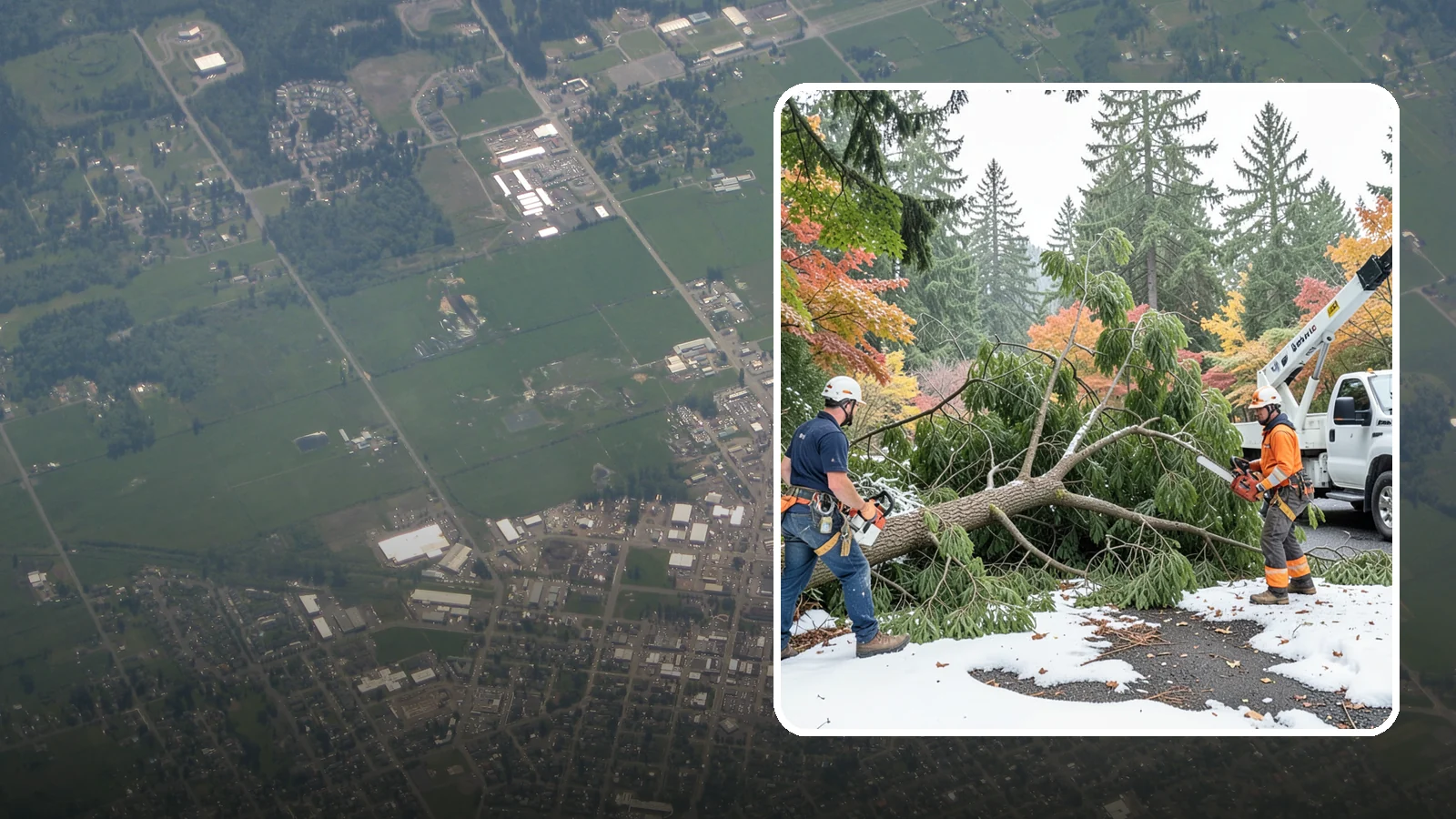 Snow and ice damage cleanup in Enumclaw, King County, WA - The cleanup of trees damaged by snow and ice loading.