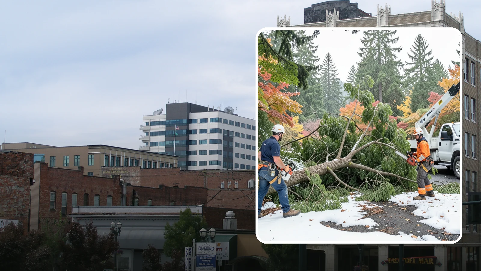 Snow and ice damage cleanup in Everett, Snohomish County, WA - The cleanup of trees damaged by snow and ice loading.