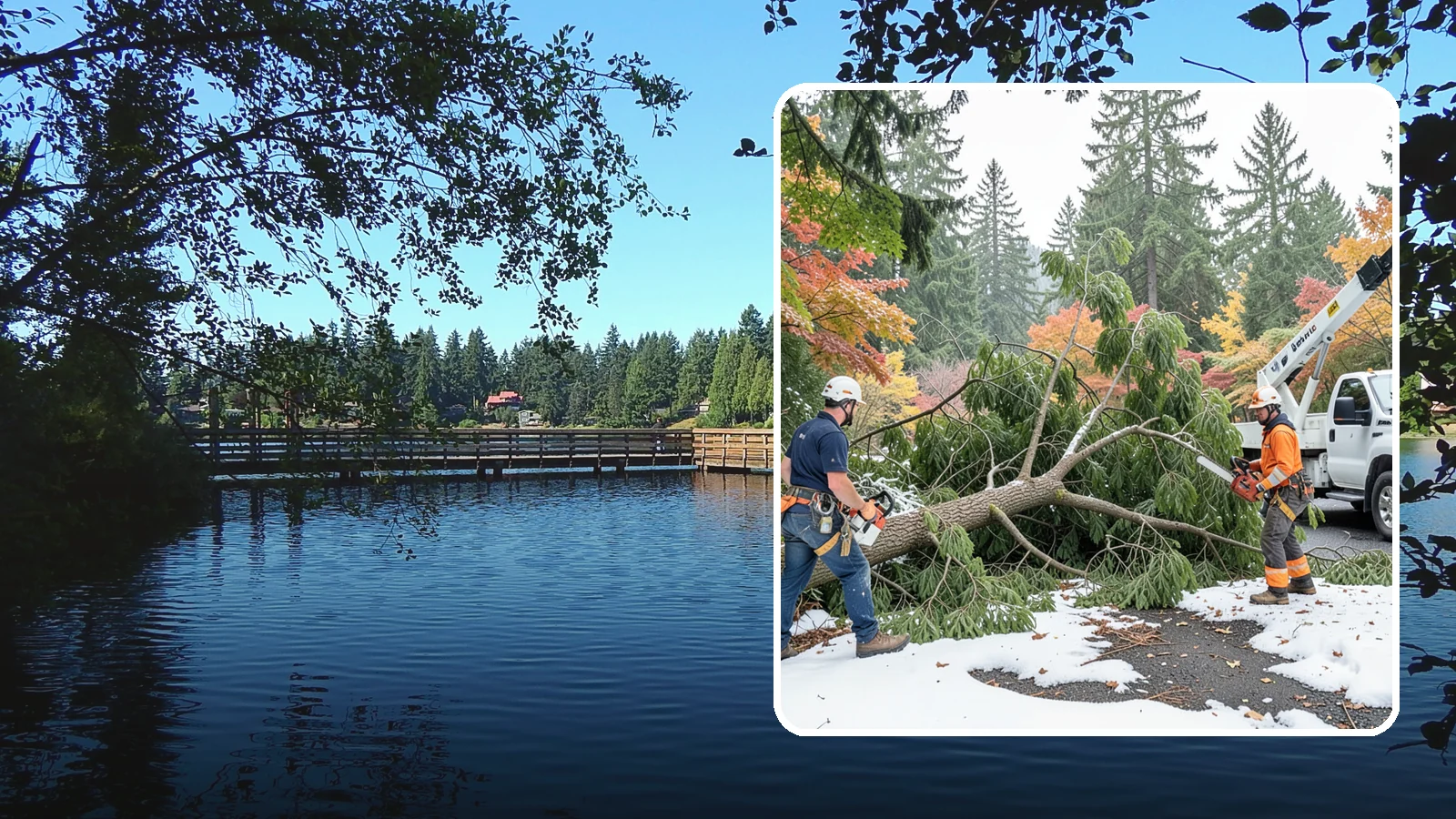 Snow and ice damage cleanup in Federal Way, King County, WA - The cleanup of trees damaged by snow and ice loading.