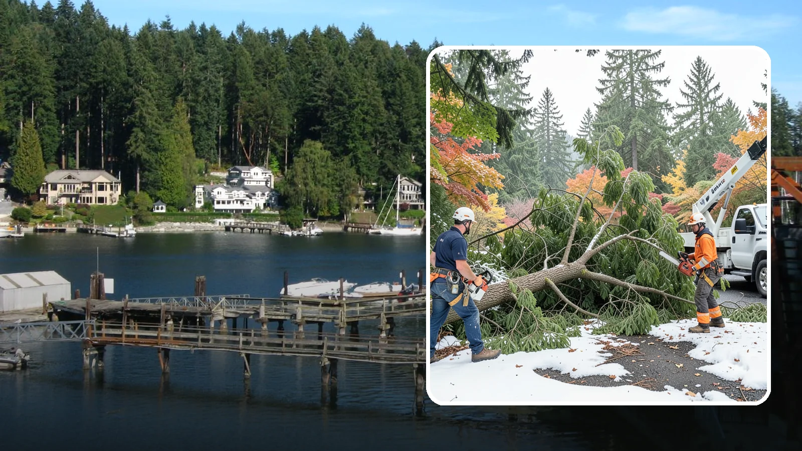 Snow and ice damage cleanup in Gig Harbor, Pierce County, WA - The cleanup of trees damaged by snow and ice loading.