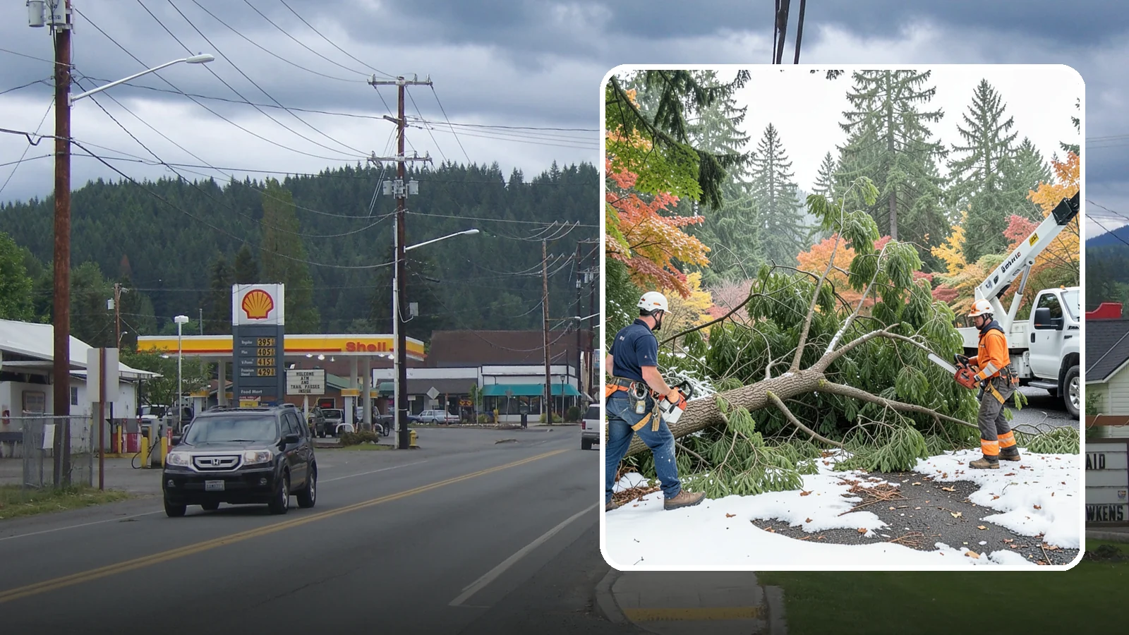 Snow and ice damage cleanup in Granite Falls, Snohomish County, WA - The cleanup of trees damaged by snow and ice loading.
