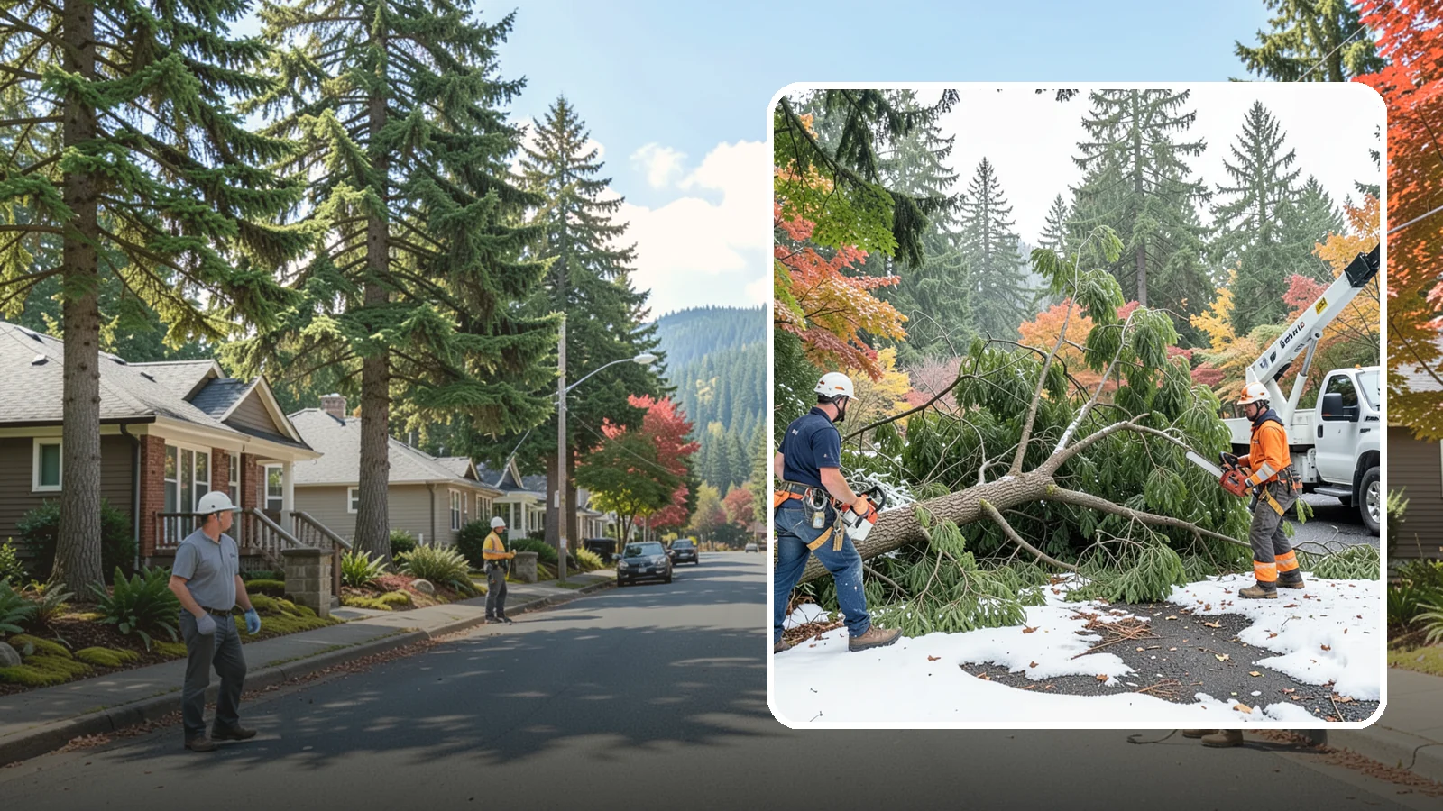 Snow and ice damage cleanup in Hunts Point, King County, WA - The cleanup of trees damaged by snow and ice loading.