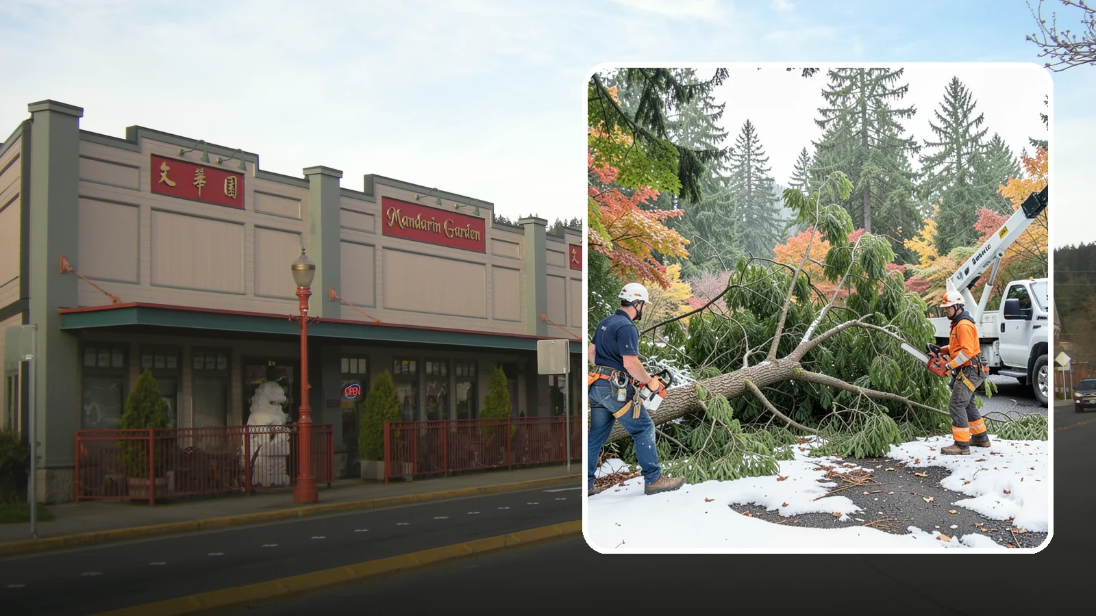 Snow and ice damage cleanup in Issaquah, King County, WA - The cleanup of trees damaged by snow and ice loading.