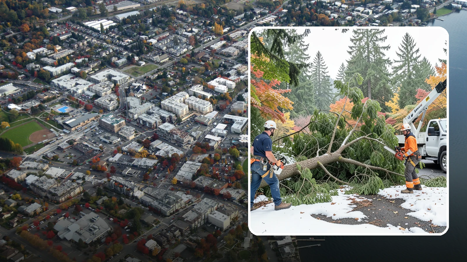 Snow and ice damage cleanup in Kirkland, King County, WA - The cleanup of trees damaged by snow and ice loading.