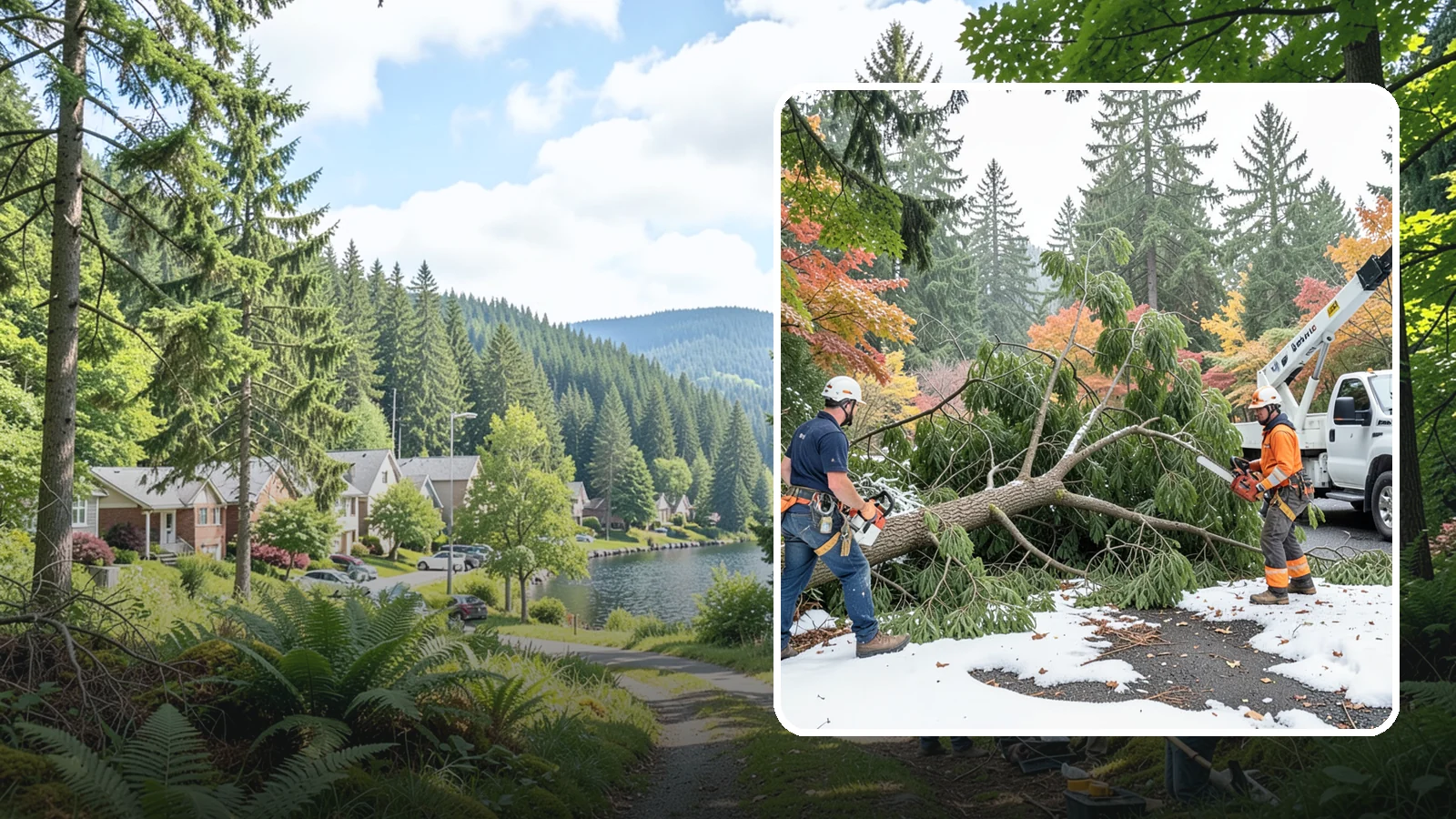 Snow and ice damage cleanup in Lake Forest Park, King County, WA - The cleanup of trees damaged by snow and ice loading.