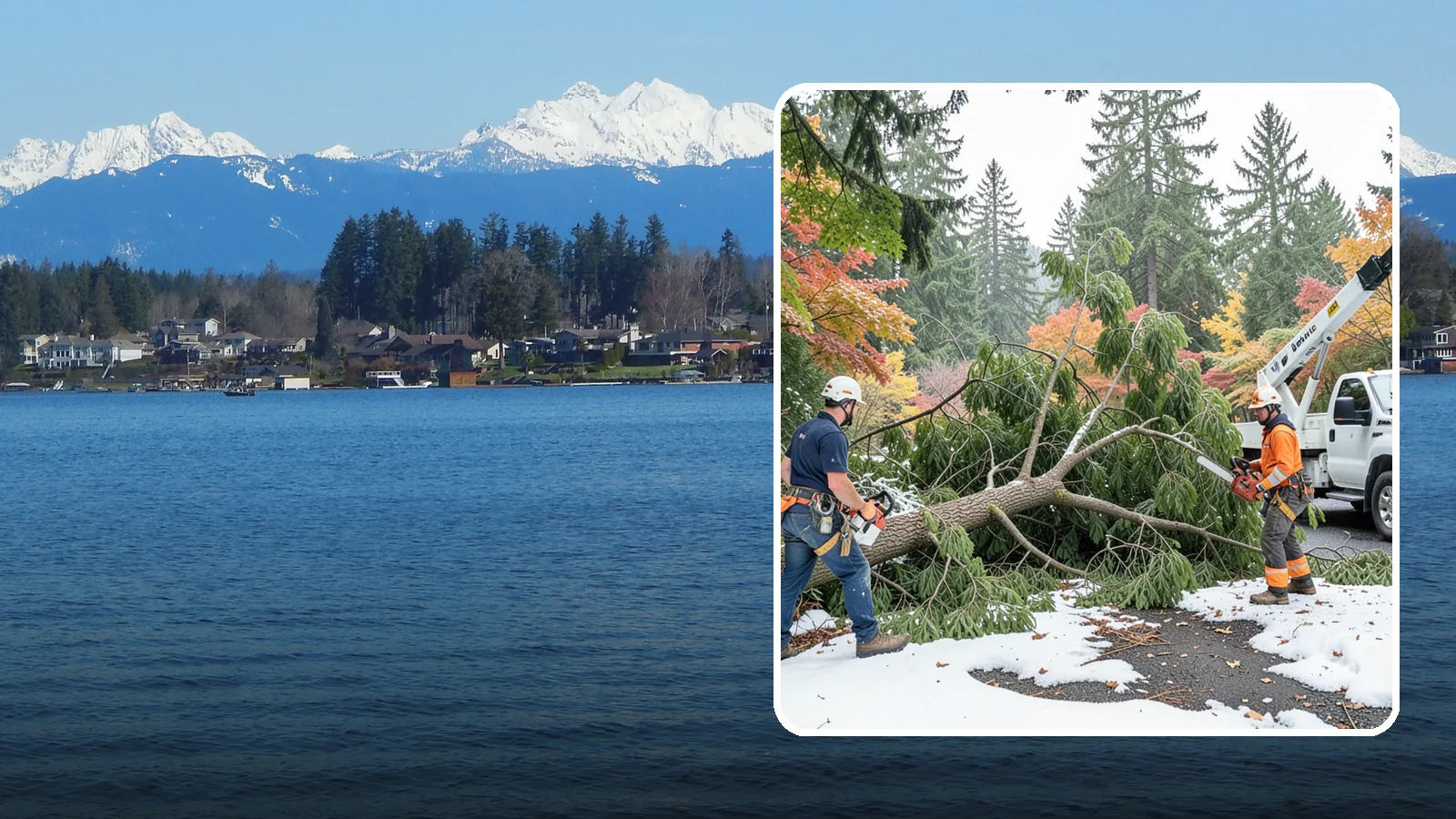 Snow and ice damage cleanup in Lake Stevens, Snohomish County, WA - The cleanup of trees damaged by snow and ice loading.