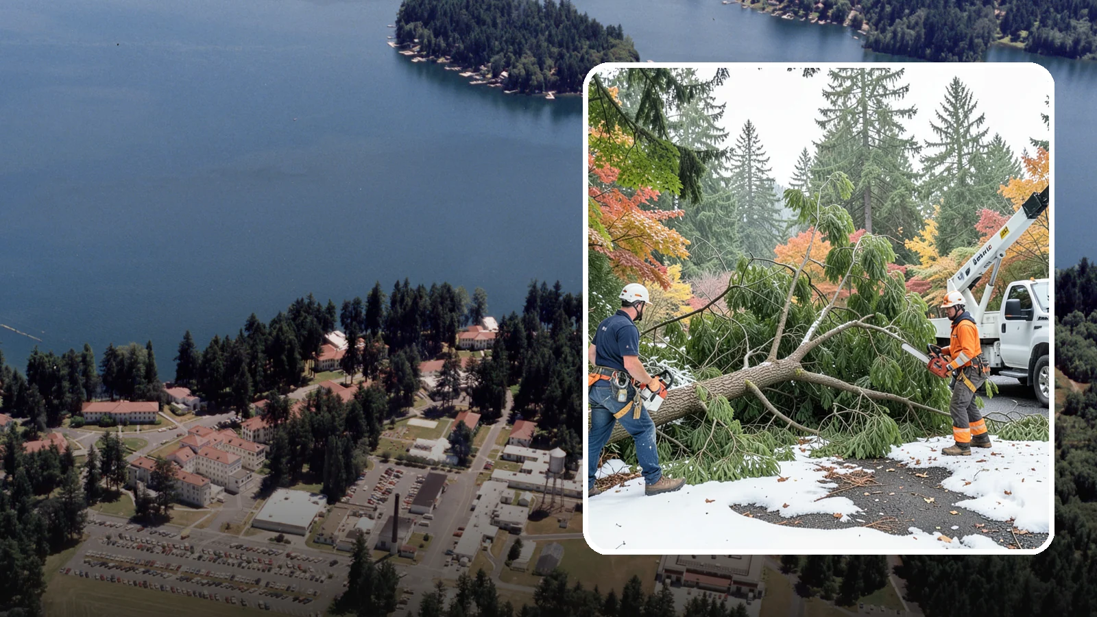 Snow and ice damage cleanup in Lakewood, Pierce County, WA - The cleanup of trees damaged by snow and ice loading.