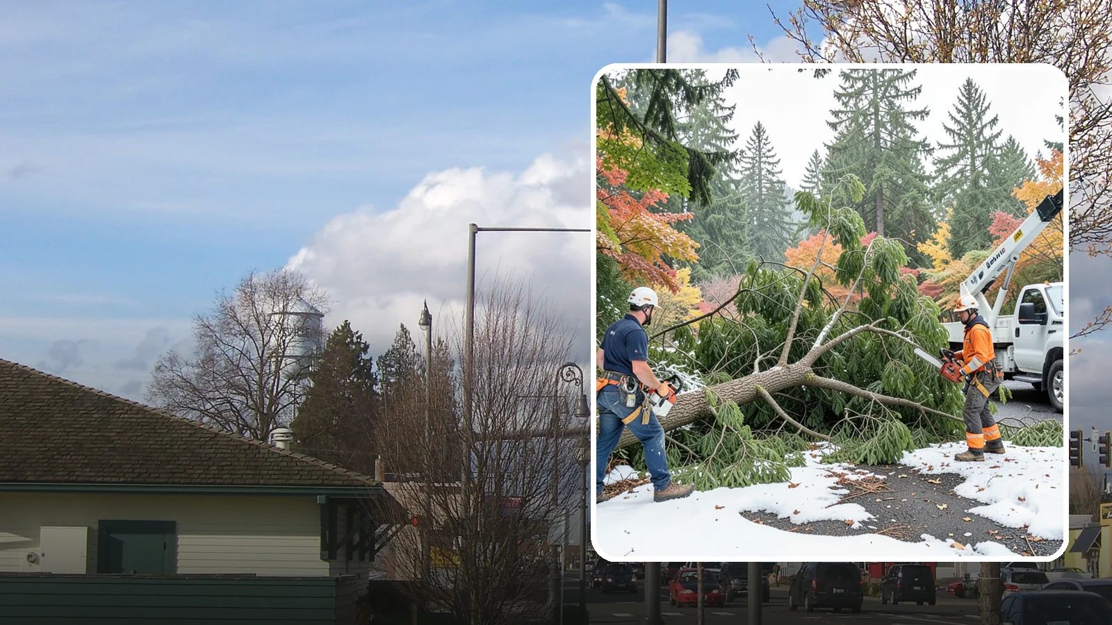 Snow and ice damage cleanup in Marysville, Snohomish County, WA - The cleanup of trees damaged by snow and ice loading.