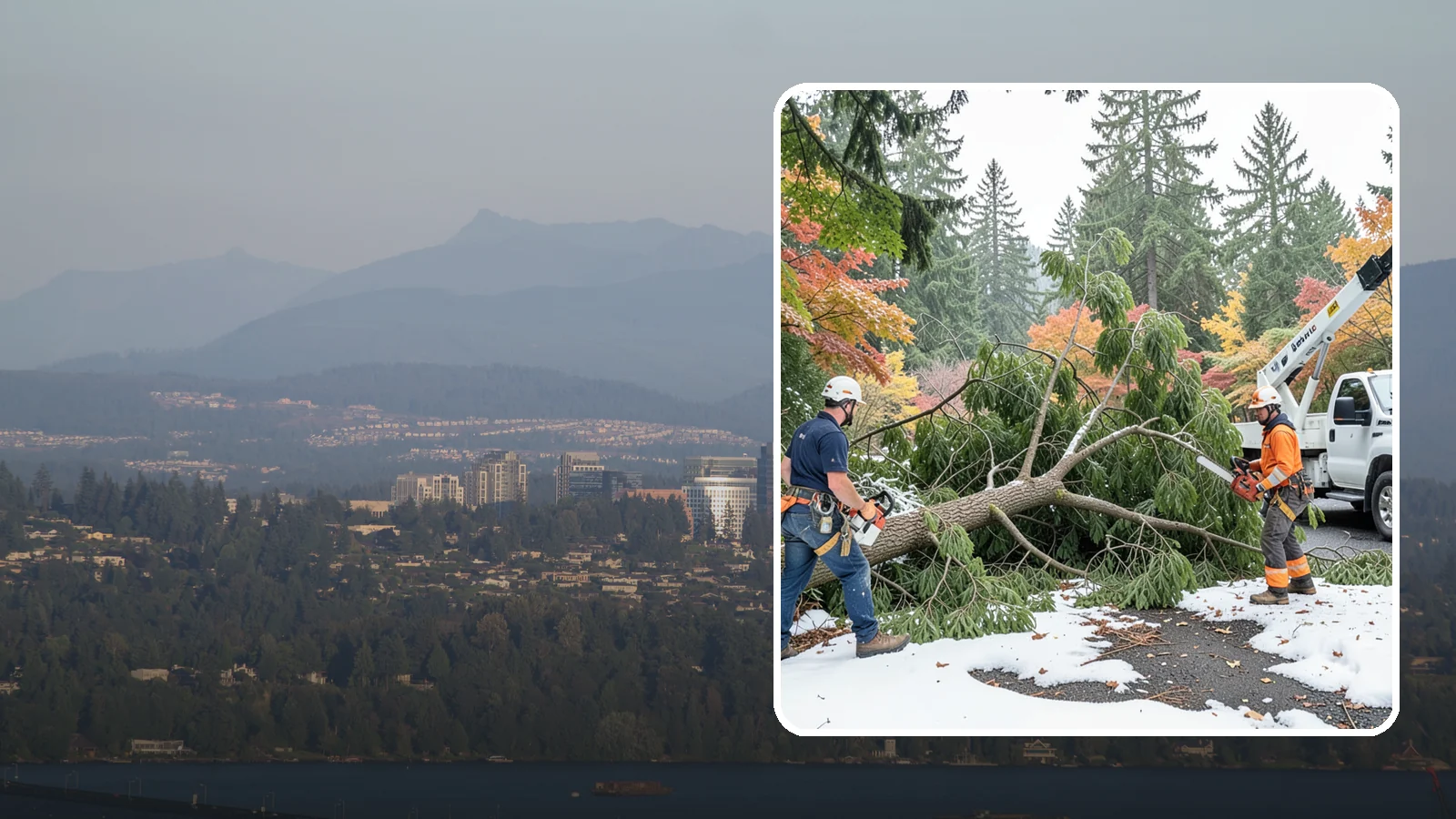 Snow and ice damage cleanup in Medina, King County, WA - The cleanup of trees damaged by snow and ice loading.
