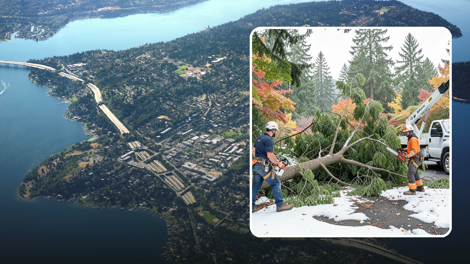 Snow and ice damage cleanup in Mercer Island, King County, WA - The cleanup of trees damaged by snow and ice loading.