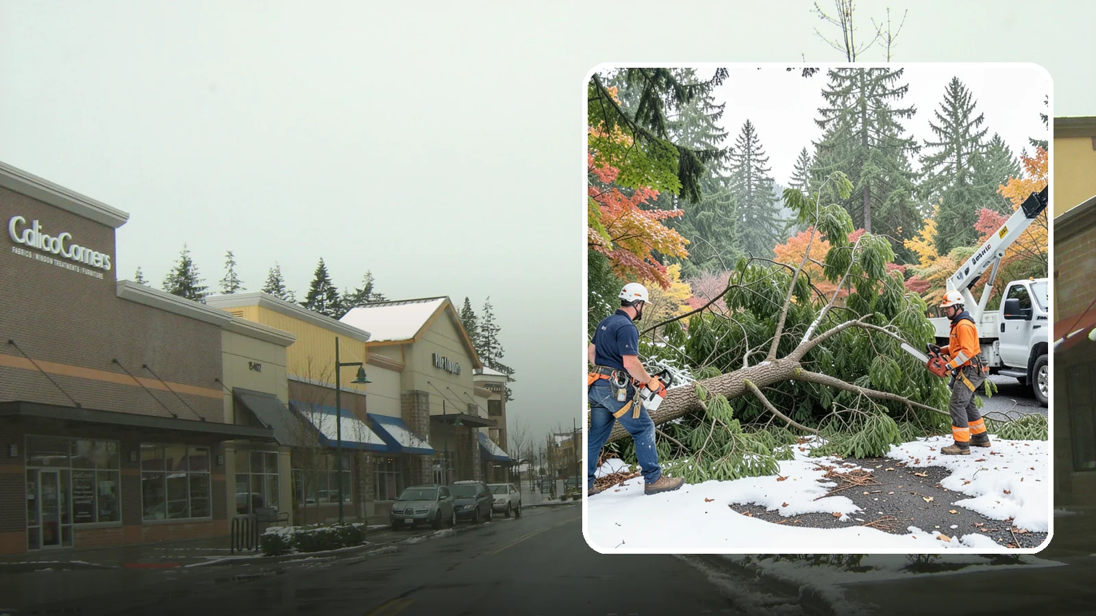 Snow and ice damage cleanup in Mill Creek, Snohomish County, WA - The cleanup of trees damaged by snow and ice loading.