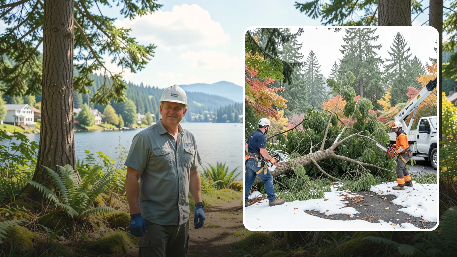 Snow and ice damage cleanup in Milton, King County, WA - The cleanup of trees damaged by snow and ice loading.