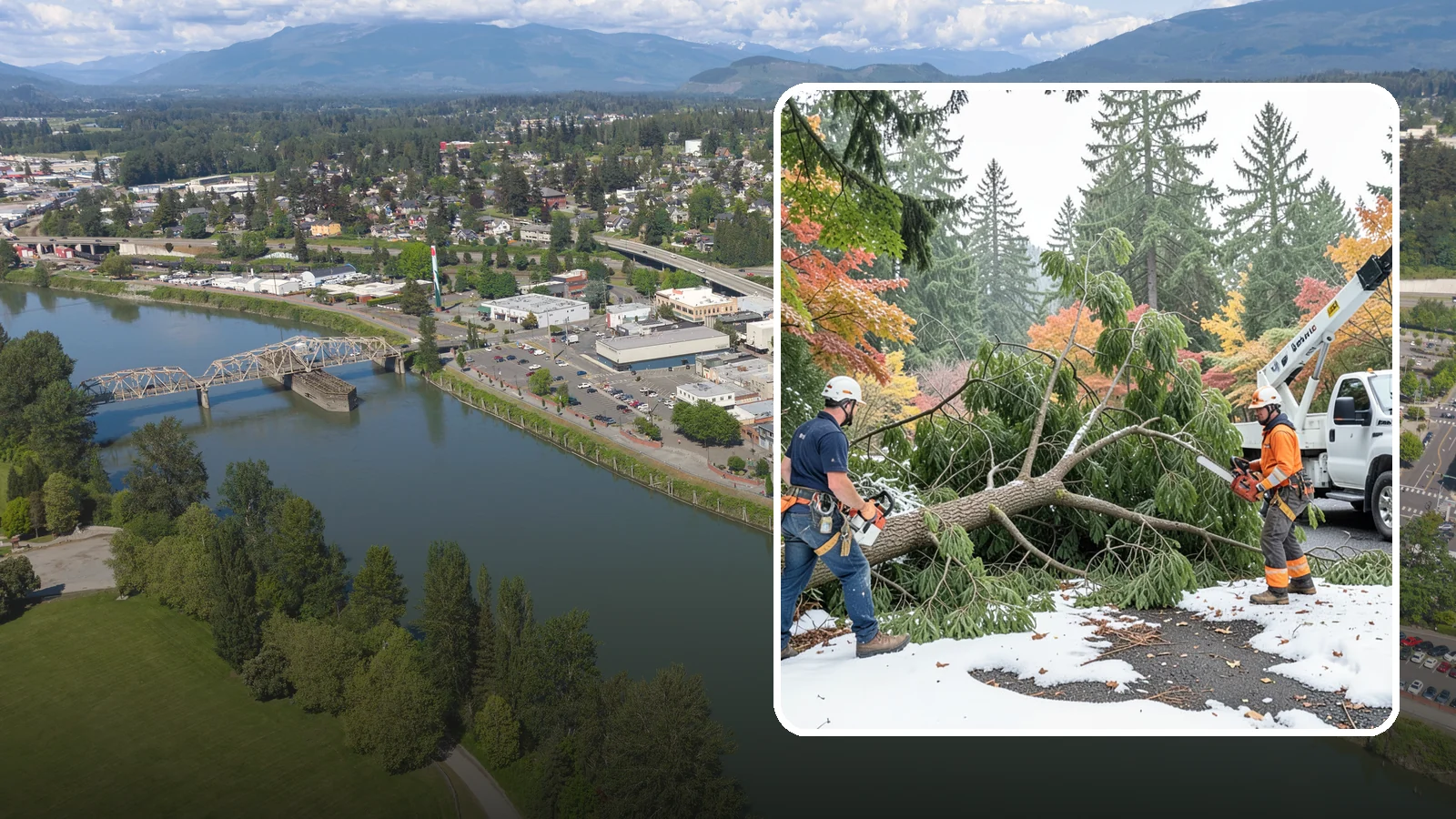 Snow and ice damage cleanup in Mount Vernon, Skagit County, WA - The cleanup of trees damaged by snow and ice loading.