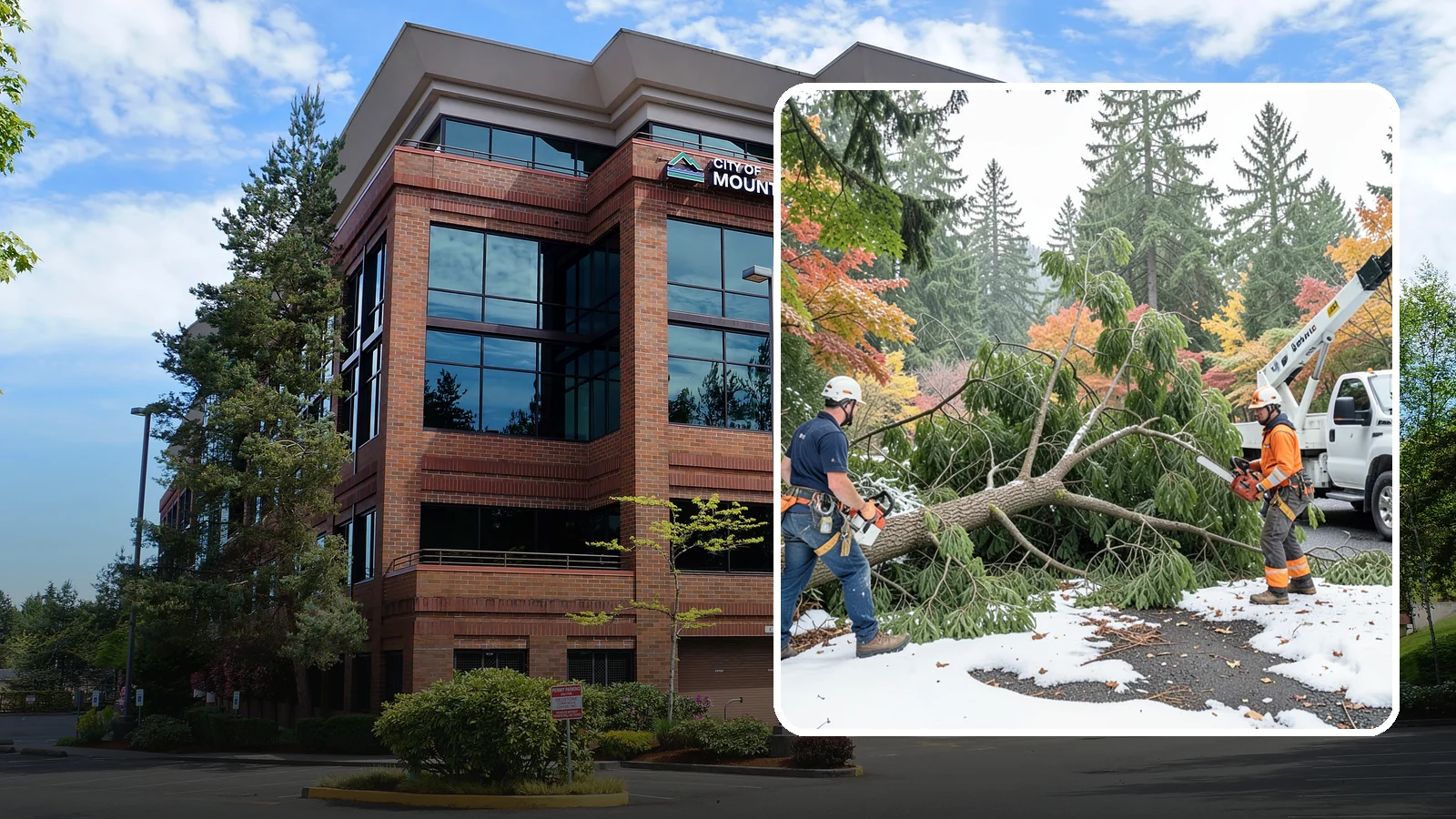 Snow and ice damage cleanup in Mountlake Terrace, Snohomish County, WA - The cleanup of trees damaged by snow and ice loading.