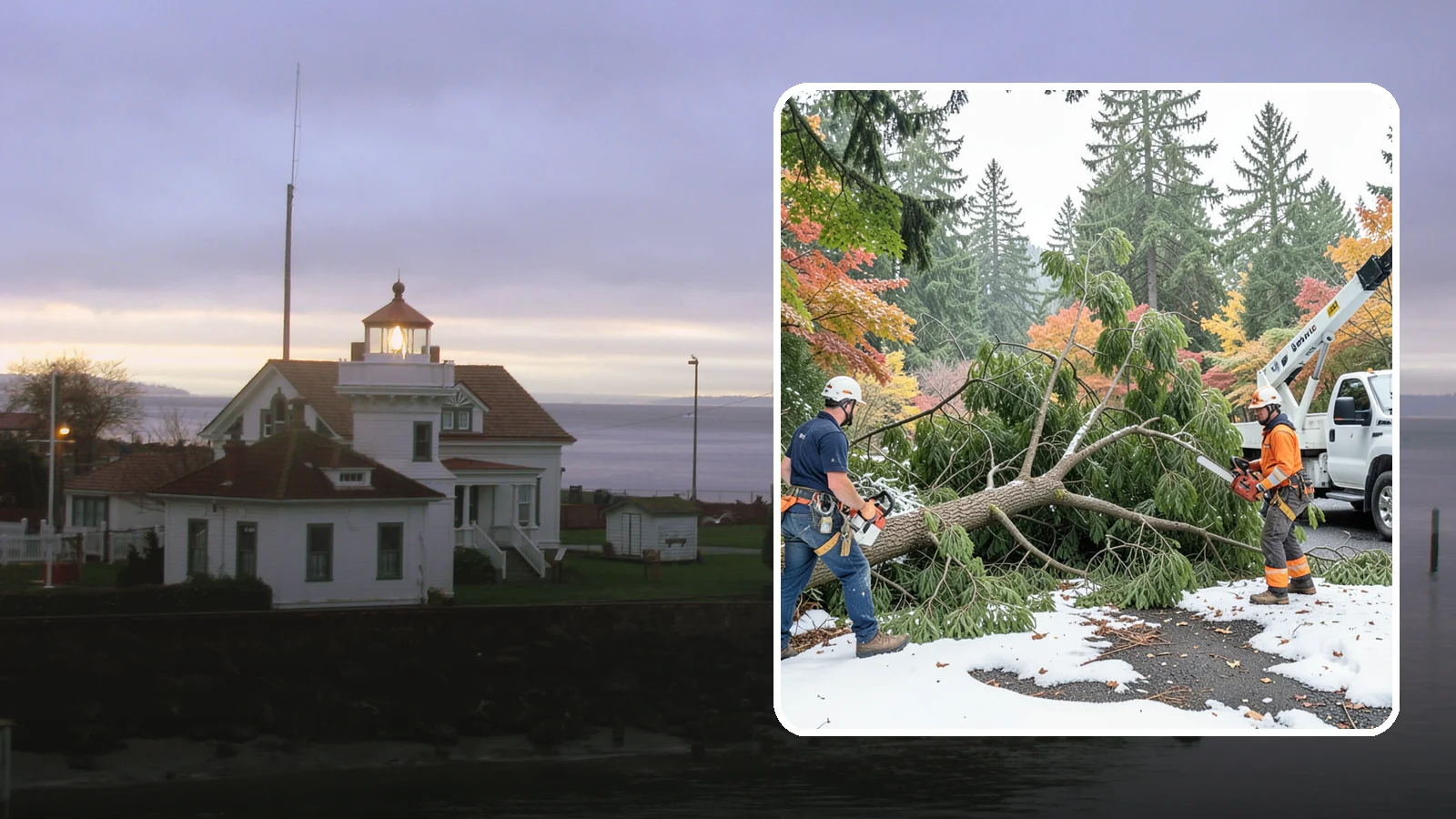 Snow and ice damage cleanup in Mukilteo, Snohomish County, WA - The cleanup of trees damaged by snow and ice loading.