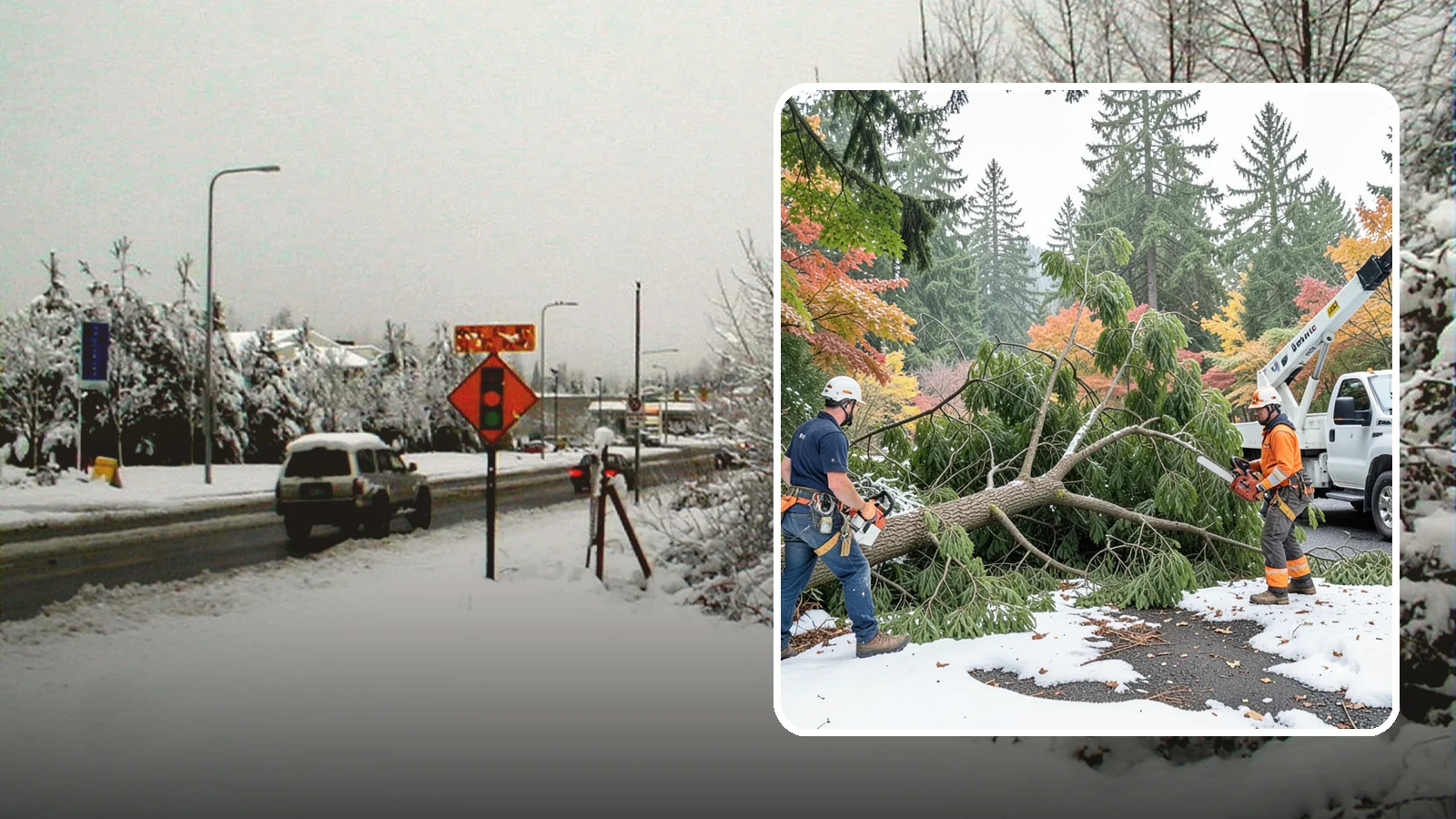 Snow and ice damage cleanup in Newcastle, King County, WA - The cleanup of trees damaged by snow and ice loading.