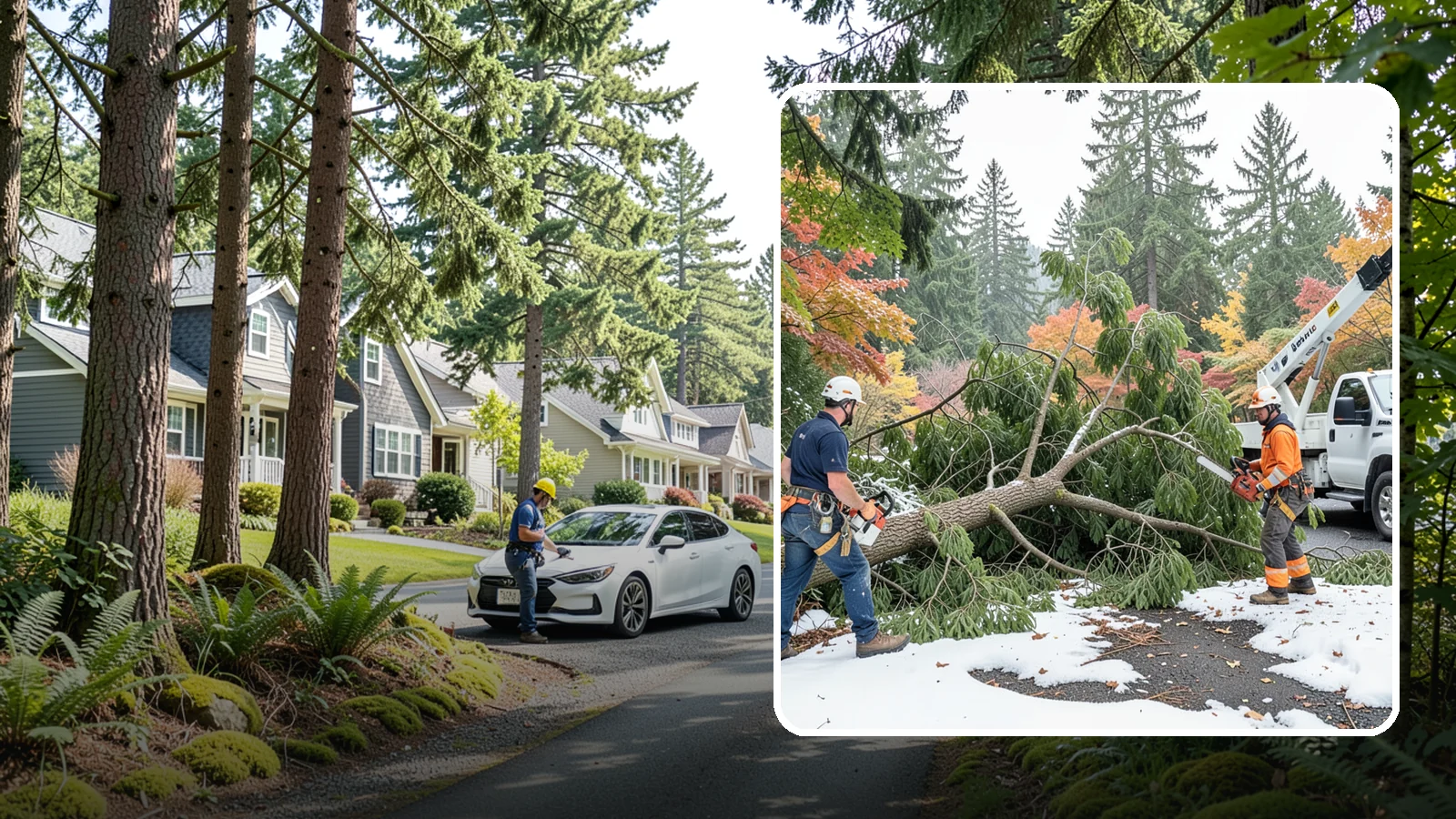 Snow and ice damage cleanup in Normandy Park, King County, WA - The cleanup of trees damaged by snow and ice loading.