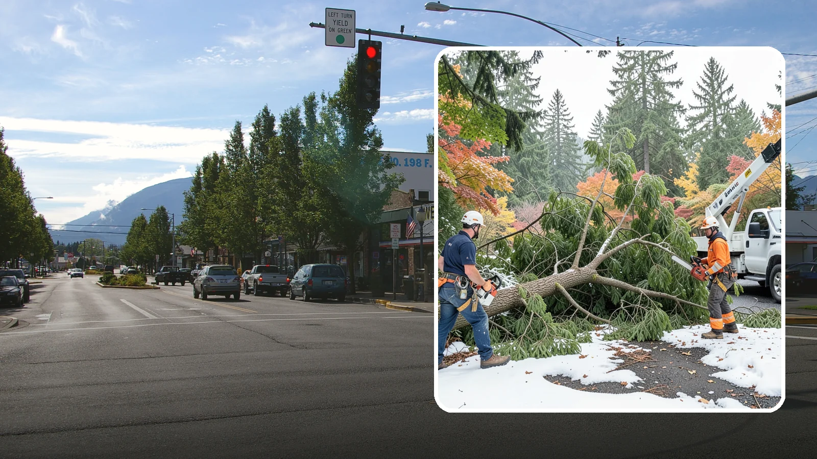 Snow and ice damage cleanup in North Bend, King County, WA - The cleanup of trees damaged by snow and ice loading.