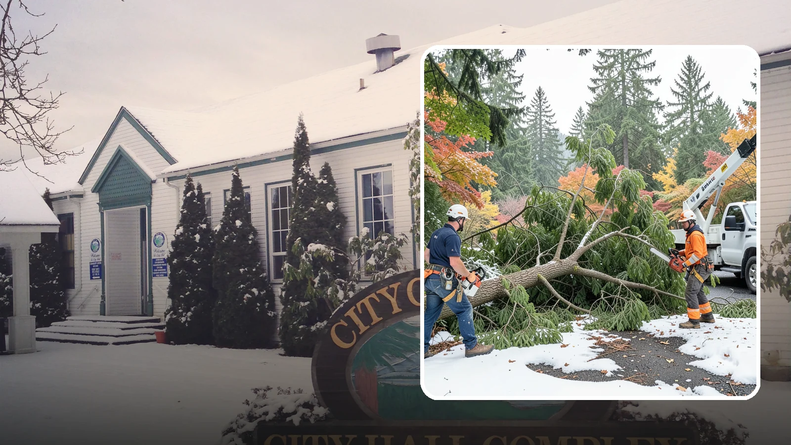 Snow and ice damage cleanup in Pacific, King County, WA - The cleanup of trees damaged by snow and ice loading.