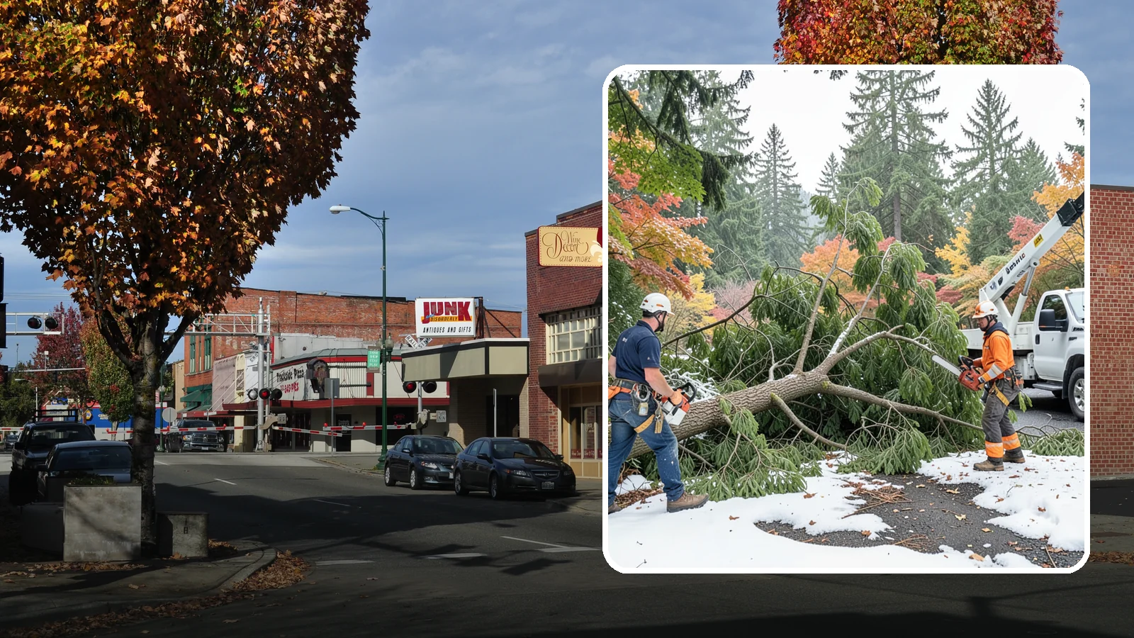 Snow and ice damage cleanup in Puyallup, Pierce County, WA - The cleanup of trees damaged by snow and ice loading.