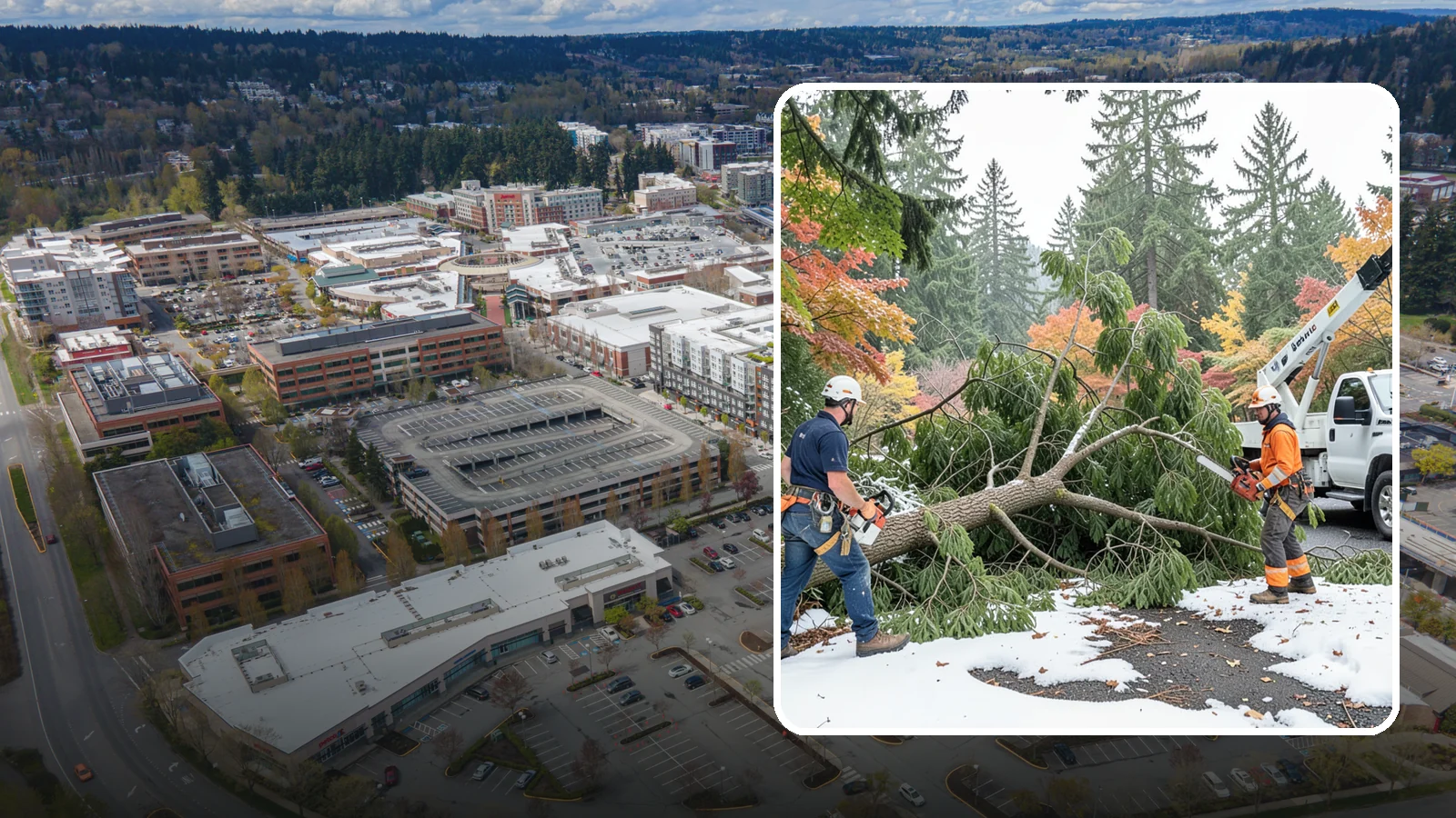 Snow and ice damage cleanup in Redmond, King County, WA - The cleanup of trees damaged by snow and ice loading.