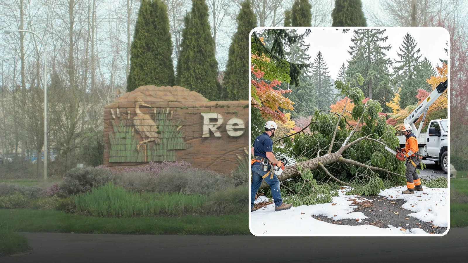 Snow and ice damage cleanup in Renton, King County, WA - The cleanup of trees damaged by snow and ice loading.