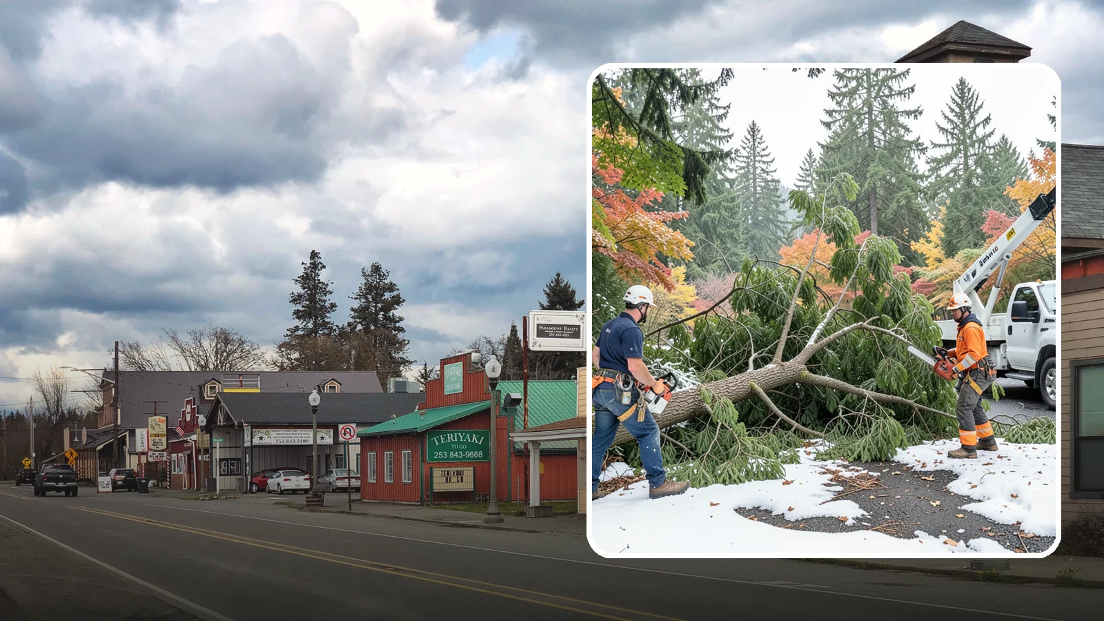 Snow and ice damage cleanup in Roy, Pierce County, WA - The cleanup of trees damaged by snow and ice loading.