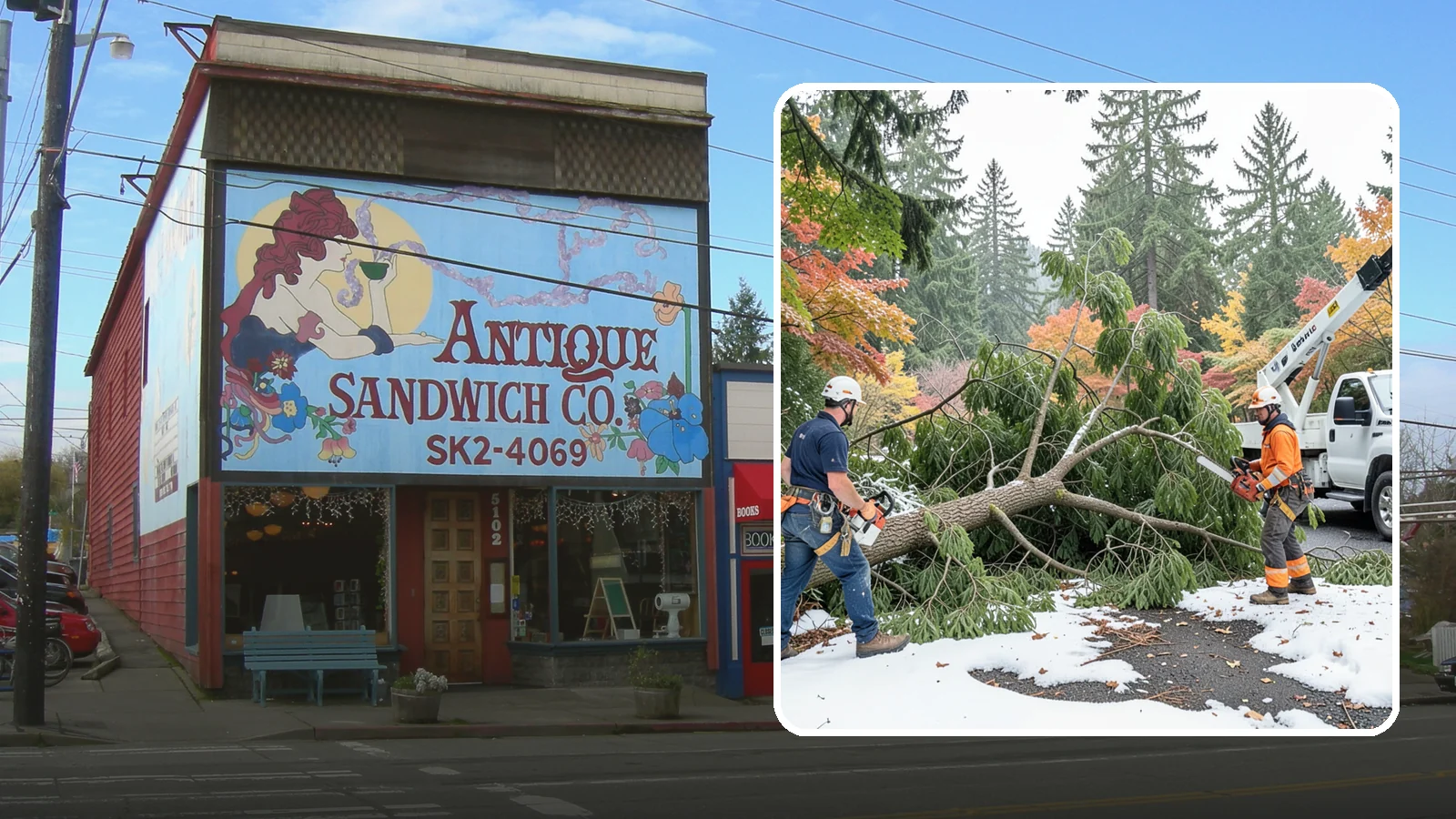 Snow and ice damage cleanup in Ruston, Pierce County, WA - The cleanup of trees damaged by snow and ice loading.