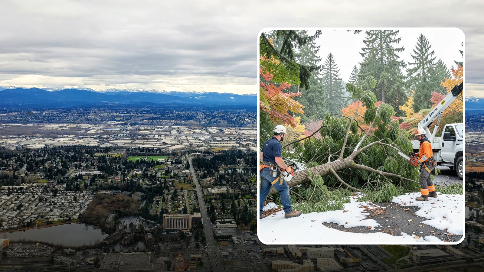 Snow and ice damage cleanup in SeaTac, King County, WA - The cleanup of trees damaged by snow and ice loading.