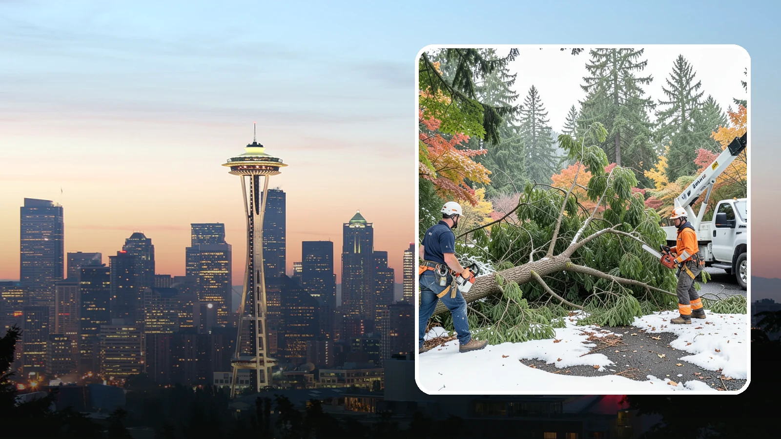 Snow and ice damage cleanup in Seattle, King County, WA - The cleanup of trees damaged by snow and ice loading.