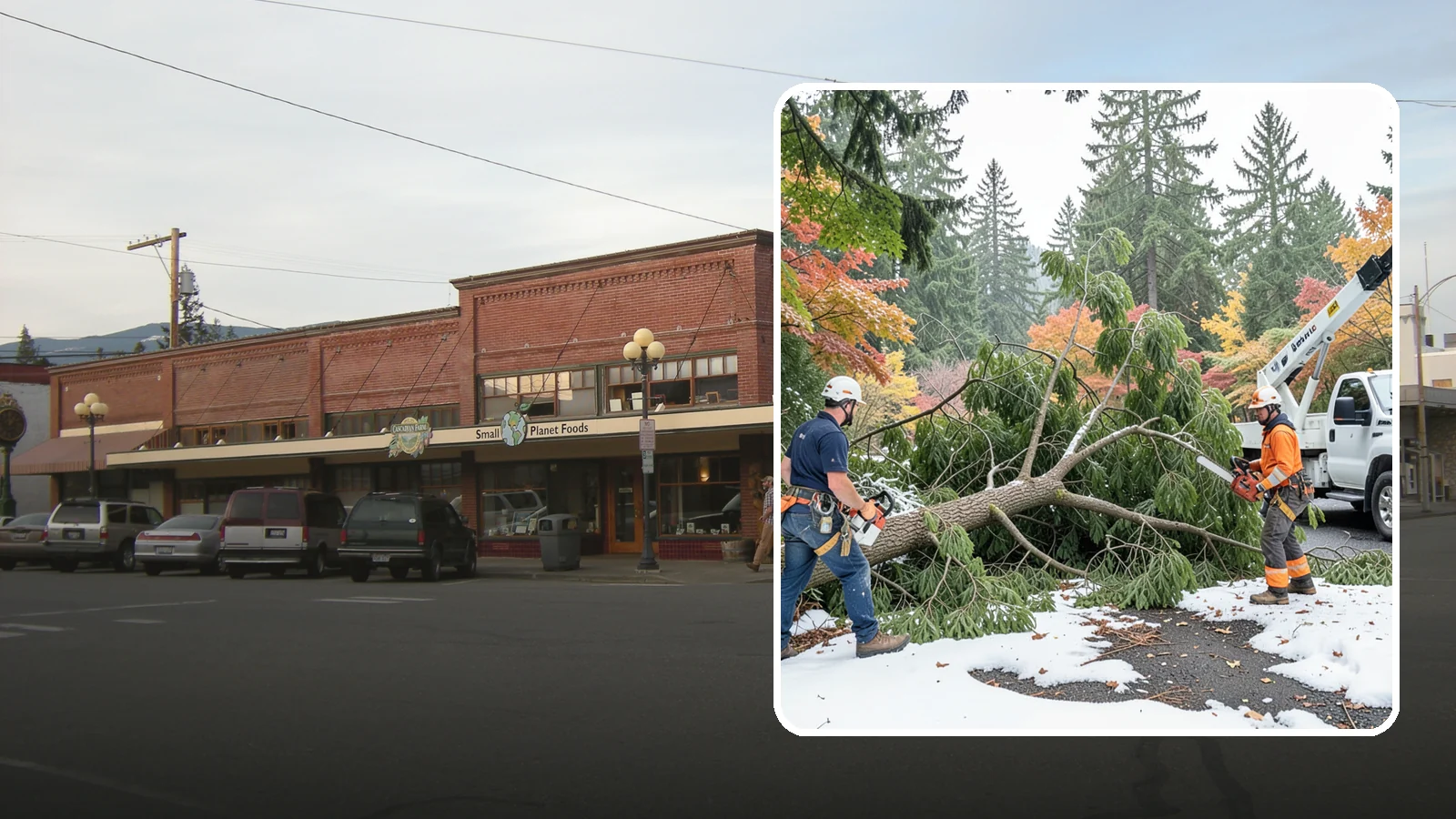 Snow and ice damage cleanup in Sedro-Woolley, Skagit County, WA - The cleanup of trees damaged by snow and ice loading.